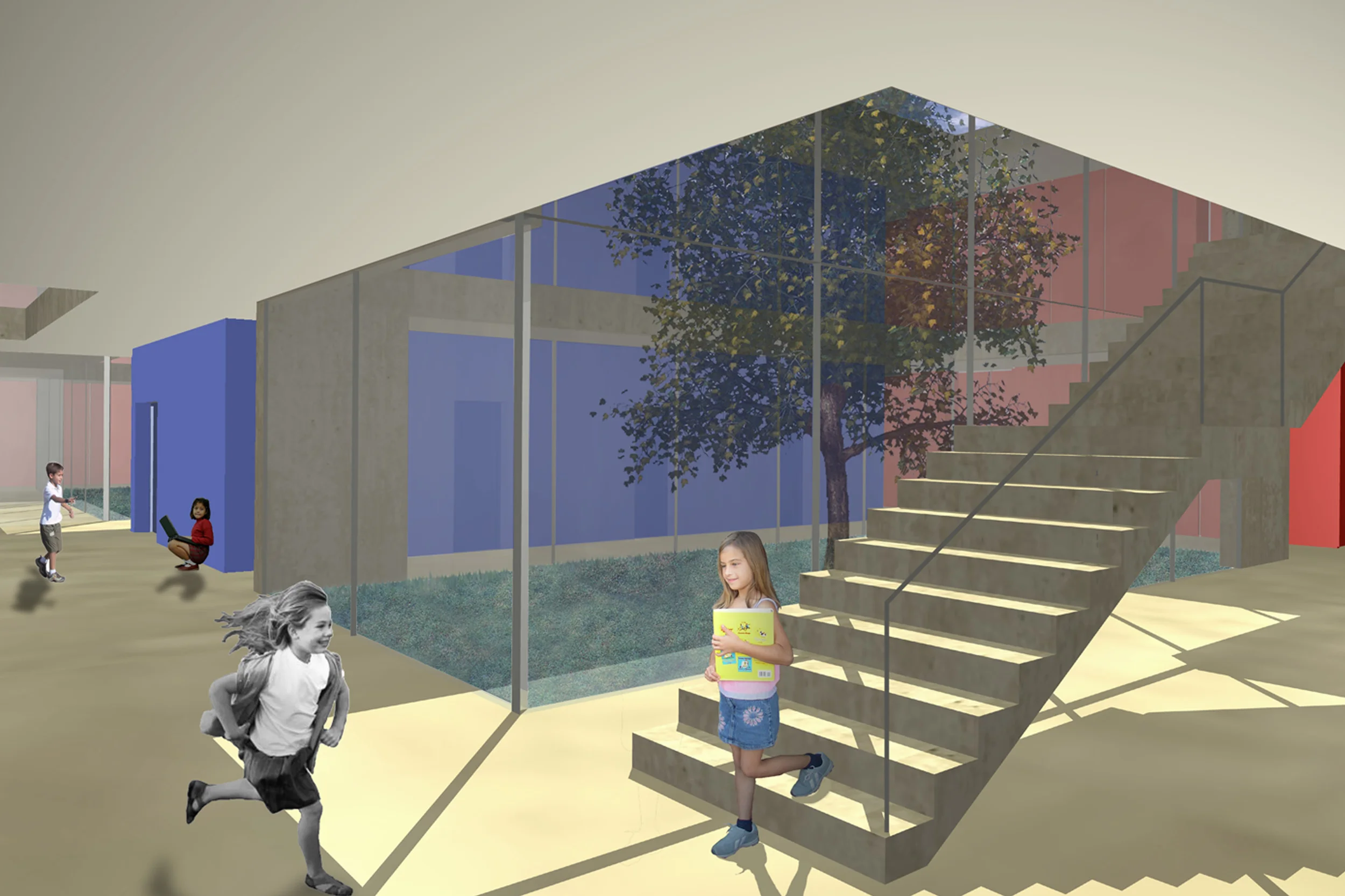 Polo Scolastico, Felino, Pr Il progetto si occupa della costruzione di un complesso scolastico costituito da due scuole e da una serie di edifici con funzioni accessorie. Si interviene compattando il più possibile gli edifici, arretrandoli rispetto ai fronti stradali e definendo un sistema articolato di spazi aperti. Il complesso, fortemente omogeneo, è caratterizzato da volumi puri disposti secondo la giacitura principale presente nell’area; gli edifici sono slittati reciprocamente in modo da individuare chiaramente il sistema degli accessi, dei percorsi e viabilità. I volumi sono scavati in corrispondenza degli ingressi, tagliati in corrispondenza delle scale di sicurezza esterne, bucati in corrispondenza delle corti che divengono il “core” degli spazi interni. Nell’organizzazione funzionale le scuole sono distinte dal blocco contenente tutte le funzioni accessorie: palestra, mensa, aula magna, biblioteca, amministrazione. L’edificio isolato contiene il palazzetto dello sport ed i parcheggi interrati. Progetto di concorso Data: 2004 Progettisti: Paolo De Benedictis, Glenda Flaim << cambia progetto >>