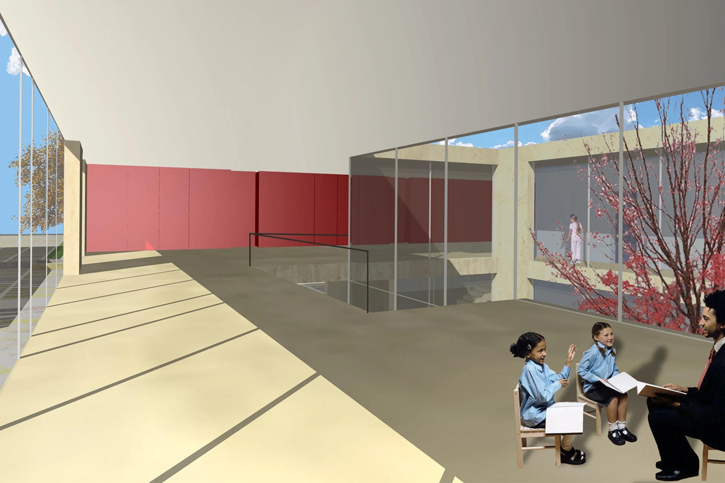Polo Scolastico, Felino, Pr Il progetto si occupa della costruzione di un complesso scolastico costituito da due scuole e da una serie di edifici con funzioni accessorie. Si interviene compattando il più possibile gli edifici, arretrandoli rispetto ai fronti stradali e definendo un sistema articolato di spazi aperti. Il complesso, fortemente omogeneo, è caratterizzato da volumi puri disposti secondo la giacitura principale presente nell’area; gli edifici sono slittati reciprocamente in modo da individuare chiaramente il sistema degli accessi, dei percorsi e viabilità. I volumi sono scavati in corrispondenza degli ingressi, tagliati in corrispondenza delle scale di sicurezza esterne, bucati in corrispondenza delle corti che divengono il “core” degli spazi interni. Nell’organizzazione funzionale le scuole sono distinte dal blocco contenente tutte le funzioni accessorie: palestra, mensa, aula magna, biblioteca, amministrazione. L’edificio isolato contiene il palazzetto dello sport ed i parcheggi interrati. Progetto di concorso Data: 2004 Progettisti: Paolo De Benedictis, Glenda Flaim << cambia progetto >>