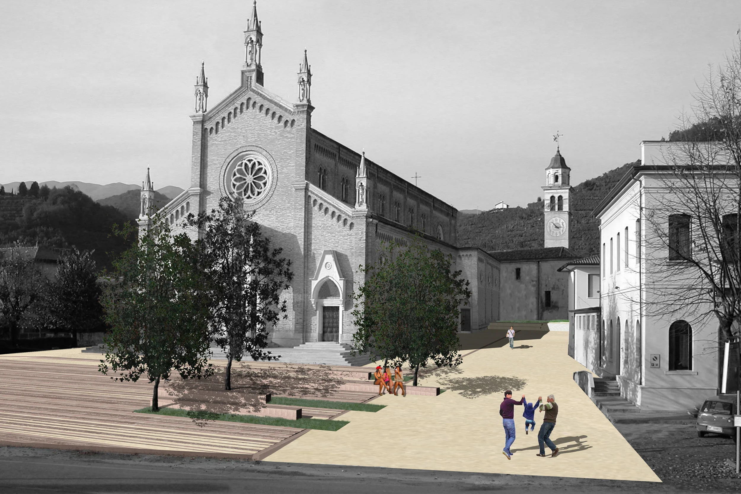 Piazza dei Caduti, Farra di Soligo, Tv Il progetto riguarda la riqualificazione architettonica di Piazza dei Caduti a Farra di Soligo. La caratteristica peculiare dell’area di progetto e’ data dalla presenza di due chiese, di cui una sconsacrata, accostate e con differente giacitura. La giustapposizione dei due volumi, il rapporto con gli edifici circostanti generano spazi interstiziali di forme varie e di grande fascino, caratterizzati da diverse quote del terreno. Il progetto si prefigge di ridare unitarietà a questi luoghi e mettere in relazione visiva e fisica ambiti che assolvono a differenti funzioni. Il fine è quello di lasciare il più possibile inalterato il sistema dei luoghi e il carattere distintivo dato loro dalle diverse altimetrie, che diventano parte e punto di partenza del progetto. Progetto di concorso Data: 2005 Progettisti: Paolo De Benedictis, Glenda Flaim, Enrique Sanchez Trevino << cambia progetto >>