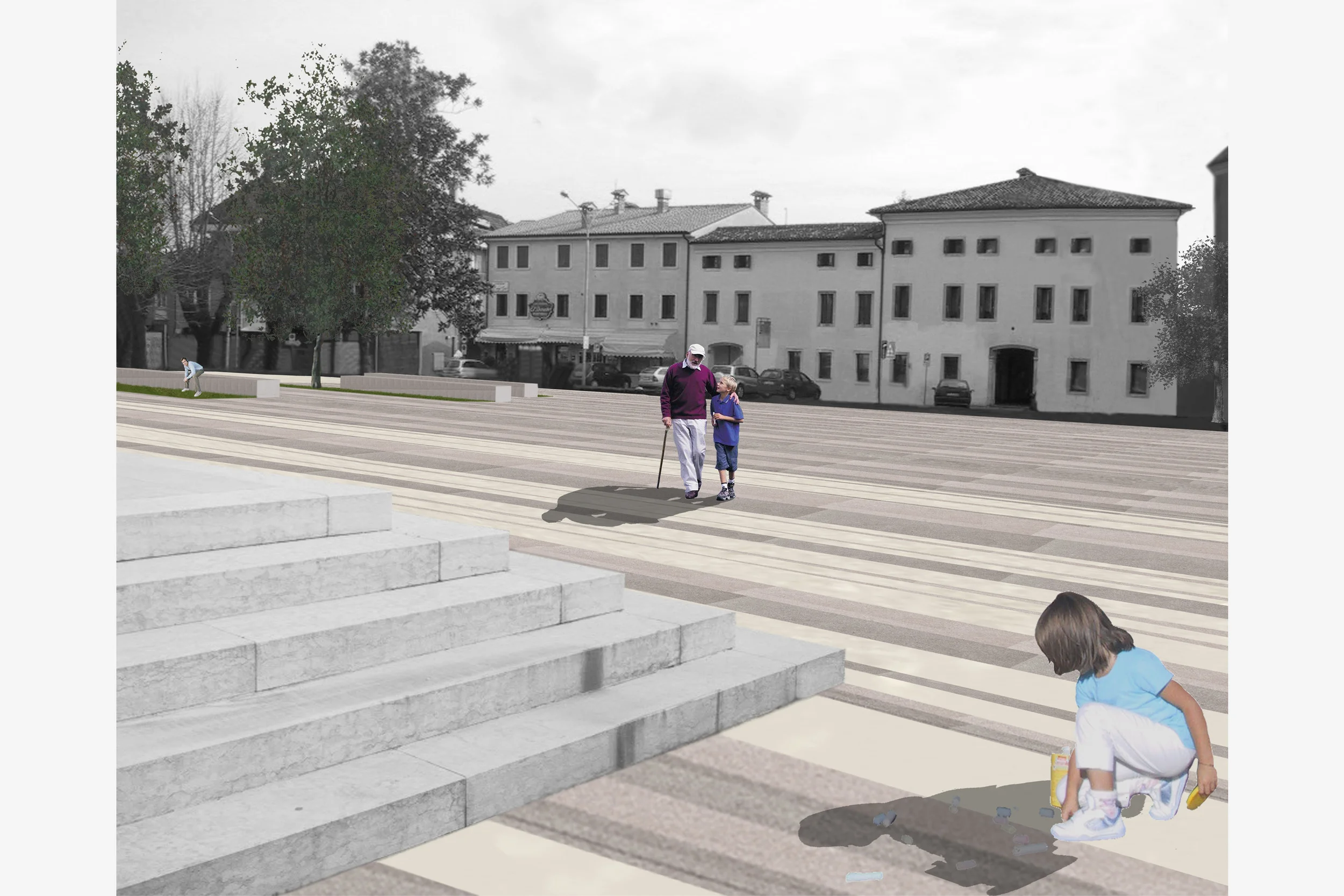 Piazza dei Caduti, Farra di Soligo, Tv Il progetto riguarda la riqualificazione architettonica di Piazza dei Caduti a Farra di Soligo. La caratteristica peculiare dell’area di progetto e’ data dalla presenza di due chiese, di cui una sconsacrata, accostate e con differente giacitura. La giustapposizione dei due volumi, il rapporto con gli edifici circostanti generano spazi interstiziali di forme varie e di grande fascino, caratterizzati da diverse quote del terreno. Il progetto si prefigge di ridare unitarietà a questi luoghi e mettere in relazione visiva e fisica ambiti che assolvono a differenti funzioni. Il fine è quello di lasciare il più possibile inalterato il sistema dei luoghi e il carattere distintivo dato loro dalle diverse altimetrie, che diventano parte e punto di partenza del progetto. Progetto di concorso Data: 2005 Progettisti: Paolo De Benedictis, Glenda Flaim, Enrique Sanchez Trevino << cambia progetto >>