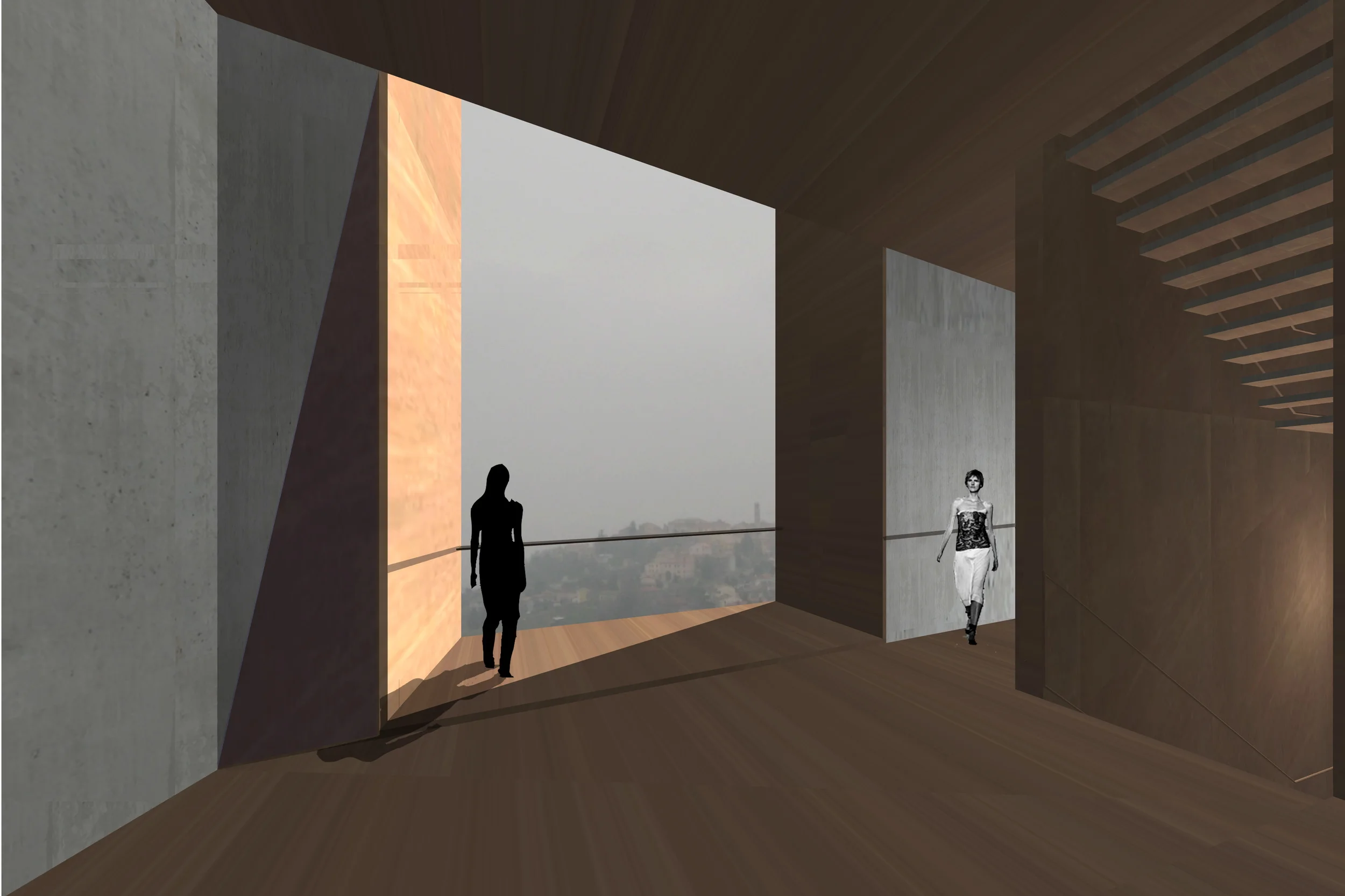 Torre per Telecomunicazioni Sogliano al Rubicone, Fc Il bando richiedeva la progettazione di una torre per le telecomunicazioni che allo stesso tempo fungesse da belvedere. Il progetto realizza un elemento scultoreo, un grande monolite inserito nel paesaggio naturale. La torre ha il perimetro sfaccettato. La superficie e’ scabra e scavata ad altezze diverse. Il suo interno si configura come una scatola cava dalle pareti irregolari, occupata dalla sola scala e scoperta in alto a rivelare il cielo. La struttura e’ alleggerita da grandi aperture strombate in “acciaio corten” che consentono alla luce penetrazioni improvvise. Su piani diversi, fino ad un’altezza di trenta metri, logge di riposo si offrono come punti di vista privilegiati sul paesaggio. Progetto di concorso Data: 2004 Progettisti: Paolo De Benedictis, Sara Lonardi, Enrico Maria Raschi << cambia progetto >>