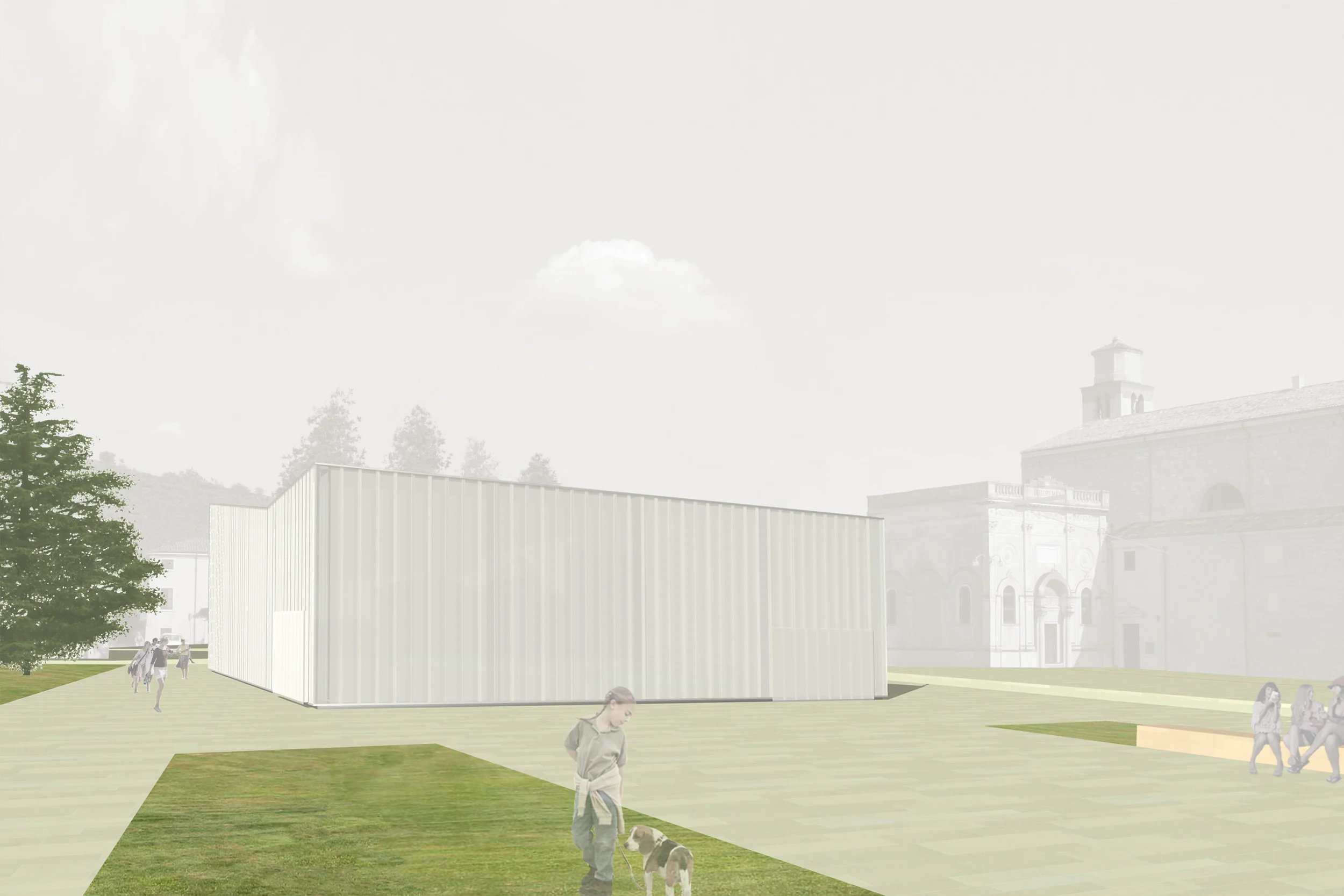 Piazza Libertà, Illasi, Vr Inserito in un contesto di pregio sia per caratteristiche ambientali che architettoniche, il progetto tenta di recuperare le stratificazioni che si sono succeduti nel tempo; l’obiettivo è quello di dare continuità al complesso degli spazi aperti, rimarcare i limiti di ogni invaso e restituire ognuno di essi ad una precisa vocazione. Le nuove pavimentazioni, lungi dall’imprimere un disegno rigido e schematico, prendono in considerazione tutte le giaciture presenti nelle varie aree, ne assecondano le pendenze e lasciano inalterato il sistema del verde. Un nuovo padiglione a pianta centrale diviene la cerniera fisica e visiva tra i vari invasi. Progetto di concorso Data: 2006 Progettisti: Paolo De Benedictis, Glenda Flaim << cambia progetto >>