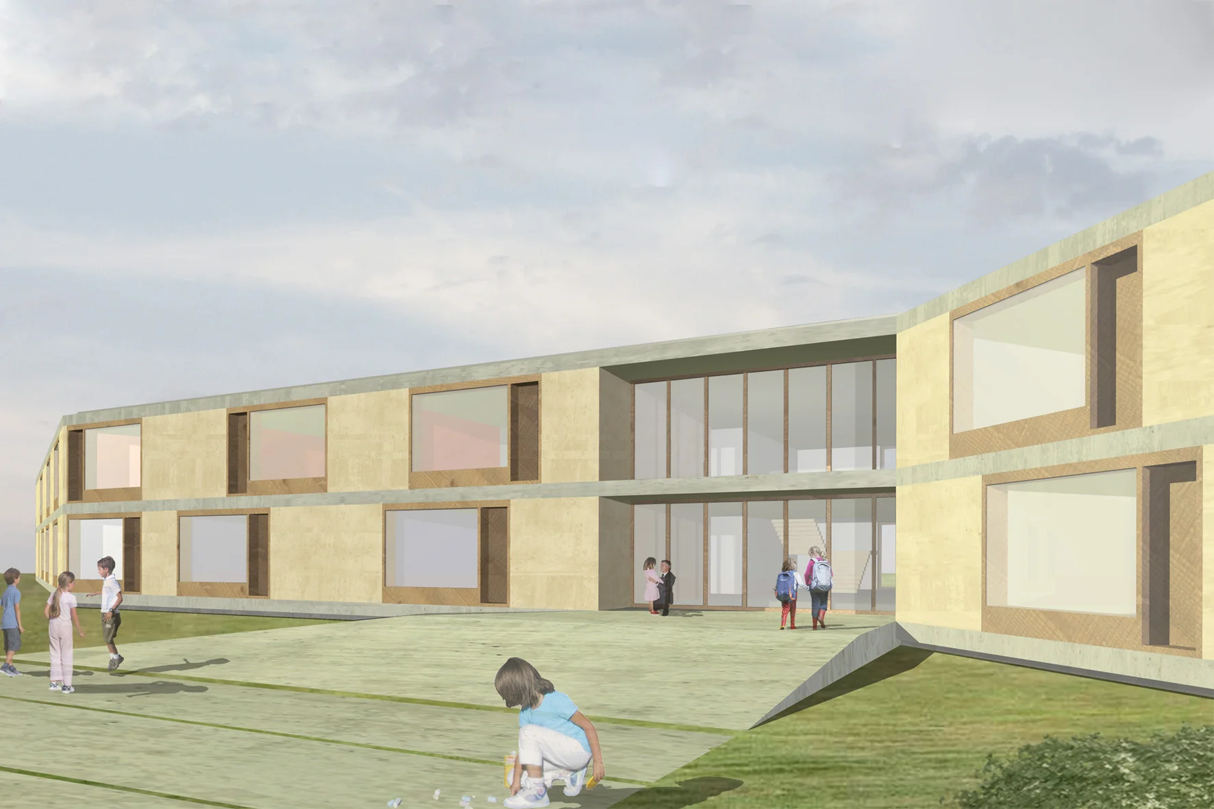 Nuovo Polo scolastico dell’infanzia Noventa Padovana, Pd Il progetto consiste nella nuova costruzione di un polo scolastico immerso nella campagna di Noventa Padovana. E’ articolato seguendo le due giaciture principali presenti e si propone come un volume dinamico e compatto che lascia ampi spazi aperti. Il volume è vivacizzato da minime rotazioni rispetto alle giaciture principali e attraverso allineamenti chiaramente manifesti stabilisce una forte relazione con il contesto e con la principale emergenza costituita da una villa storica del XVI sec. Progetto di concorso Data: 2006 Progettisti: Paolo De Benedictis, Glenda Flaim << cambia progetto >>