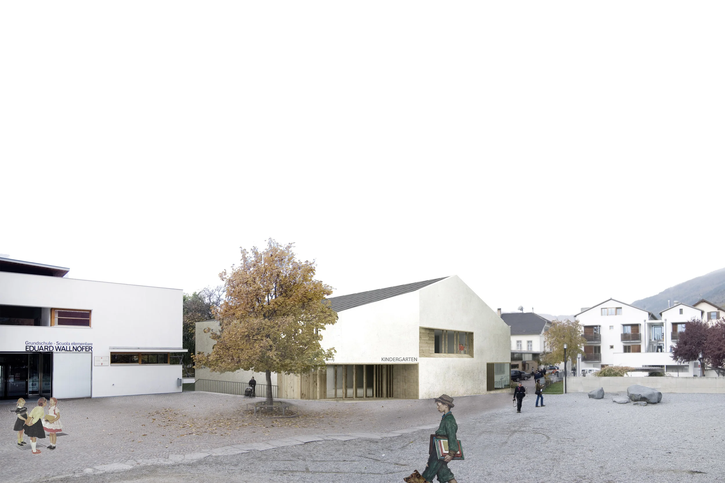 Scuola Materna e Sala prove musica, Sluderno, Bz L’edificio concepito per questo progetto di concorso si configura come un blocco monolitico disposto sul limite dell’area di progetto nel centro di un piccolo paese della Val Venosta. Il volume propone allineamenti volti ad individuare un sistema articolato di spazi pubblici in cui sono chiare le relazioni tra i vari ambiti del progetto ed il contesto circostante. Attraverso una leggera asimmetria di facciata, una minima deformazione del tetto e una calibrata altezza delle quote di gronda, si costruisce un volume semplice ma dinamico che diviene il fulcro dei diversi spazi pubblici su cui affaccia. Il carattere civico dell’edificio è denunciato attraverso tre bucature che creano una permeabilità tra interno ed esterno e portano in facciata le funzioni pubbliche e di aggregazione. Sul retro la facciata assume un carattere più privato ed una scala più “minuta”. Le giaciture presenti nell’articolazione del volume esterno s’insinuano all’interno dell’edificio definendone i diversi ambiti e creando una successione di spazi dinamici che moltiplicano i collegamenti visuali tra i vari ambienti. Progetto di concorso Data: 2012 Progettisti: Paolo De Benedictis, Adolfo Zanetti Collaboratori: Andrea Cremasco, Emina Gauzanovic, Mark Sonego << cambia progetto >>