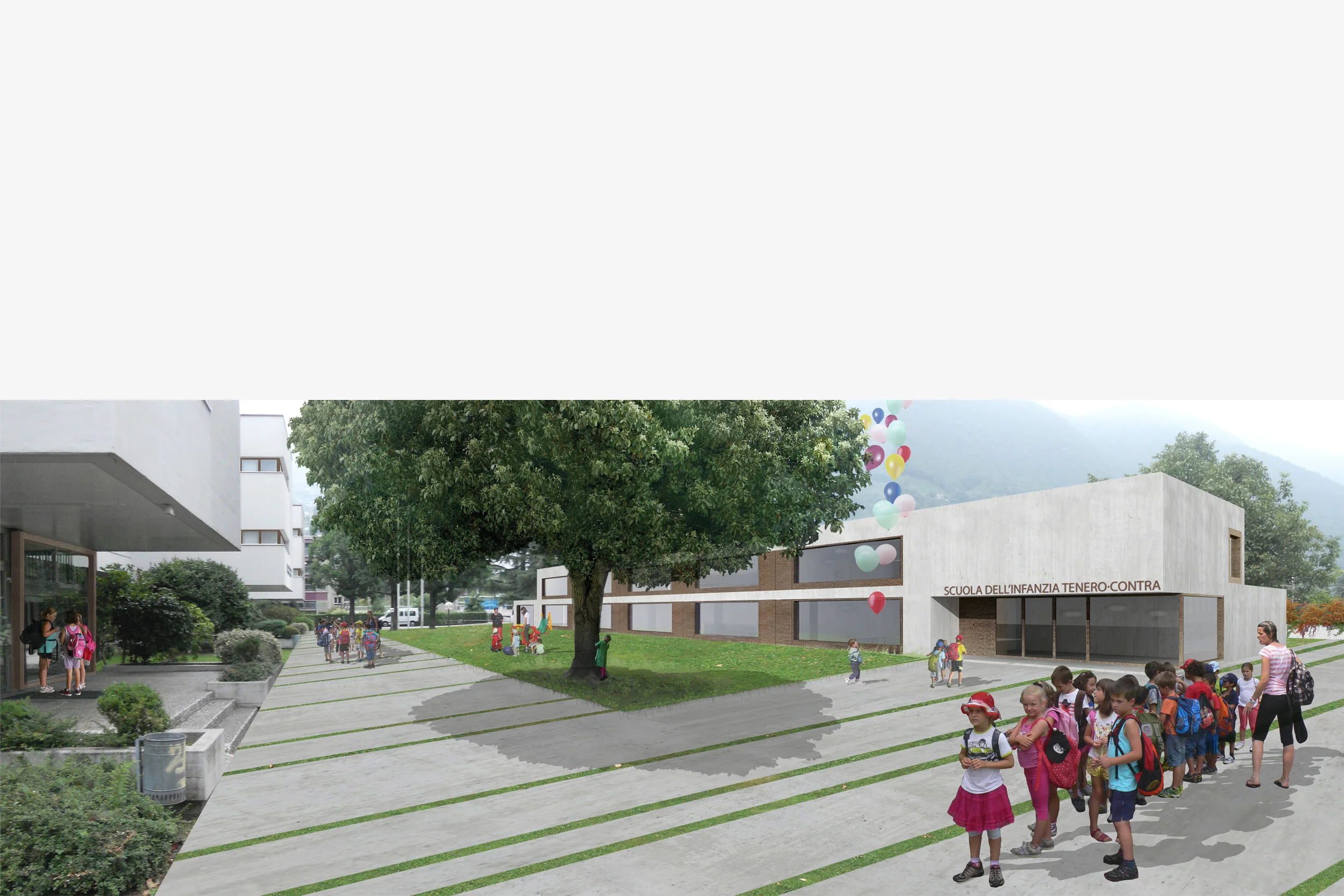 Kindergarten, Tenero-Contra (TI) The area of the project lies at the southern edge of the Tenero-Contra residential area, in between the railway line and a busy highway. At the center of the lot are a primary school and a gym, two 1970s buildings with interesting artitectural features. The project knits together the new volumes with the pre-existing historical buildings, drawing on the latter’s axial positioning, orientation and volumetric characteristics. The inner distribution, simple and neat, is determined by reiterating, in the central part of the building, the two-level main unit of the section, and by positioning the accessory spaces in the building’s extremities. Project (Competition) Date: 2013 Architect: Paolo De Benedictis Assistants: Francesco Parisi, Andrea Treleani << change project >> 