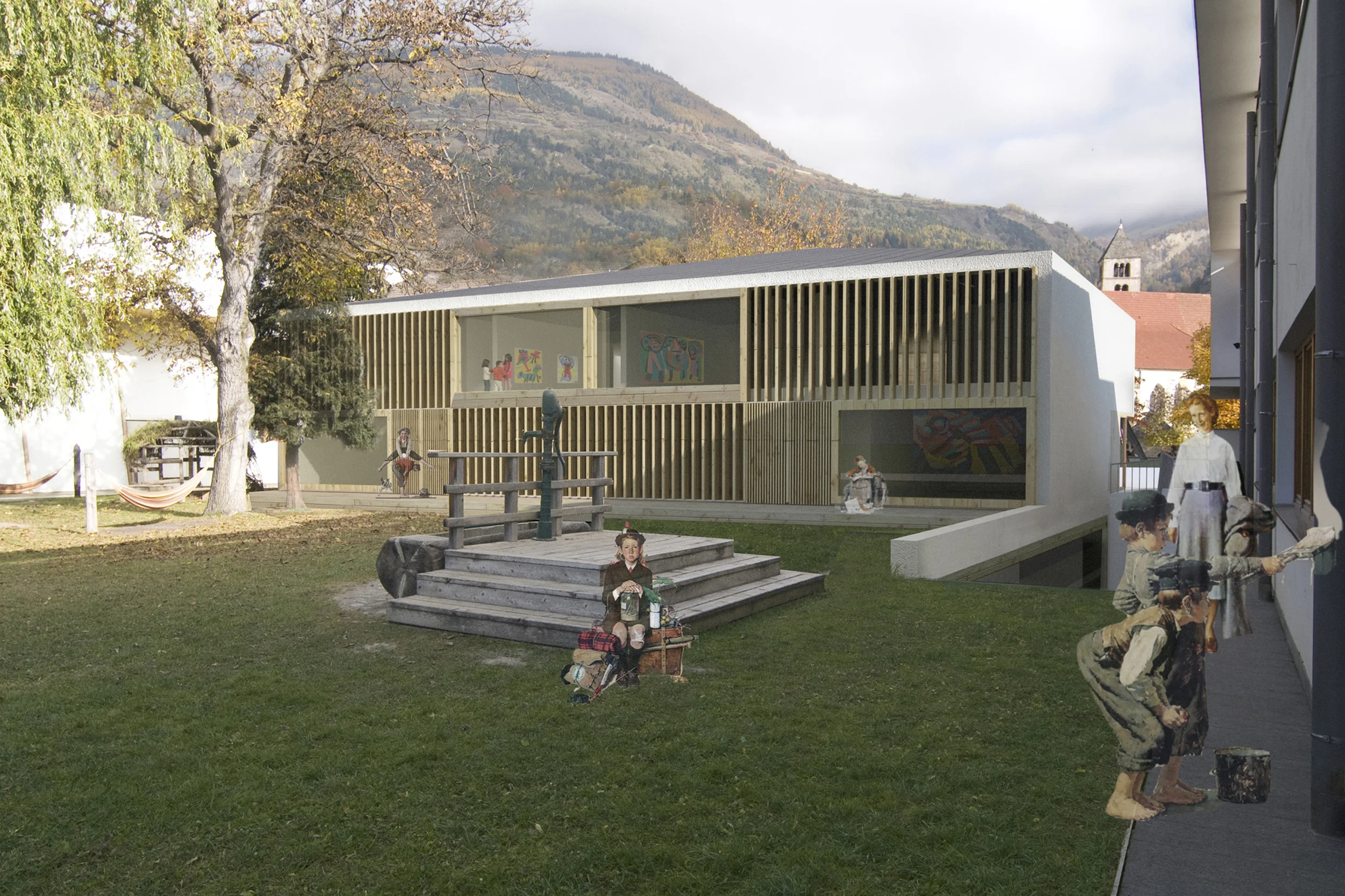 Kindergarten e Music Reharsal Hall, Sluderno, Bz The building for this design competition was conceived as a monolithic bloc positioned on the edge of the project area in the centre of a small town in Val Venosta. The volume has alignments that are meant to create a complex system of public spaces where the relations between the buildings and the surrounding environment are clearly marked. Through a slight asymmetry on the façade, a minimal roof deformation, and calibrating the height of the eaves, the project proposes a simple and yet dymanic volume as the core of a wide range of surrounding public spaces. The building’s civic character is expressed through three openings that create some permeability between outside and inside and bring public and gathering functions to the façade. At the rear, the façade takes a more private character and a smaller scale. The alignment of the outside volume reach inside the building, defining the different spaces and producing a succeding ensemble of dynamic spaces that multiply the visual connections between the various rooms. Project (Competition) Date: 2012 Architects: Paolo De Benedictis, Adolfo Zanetti Assistants: Andrea Cremasco, Emina Guazanovic, Mark Sonego << change project >> 
