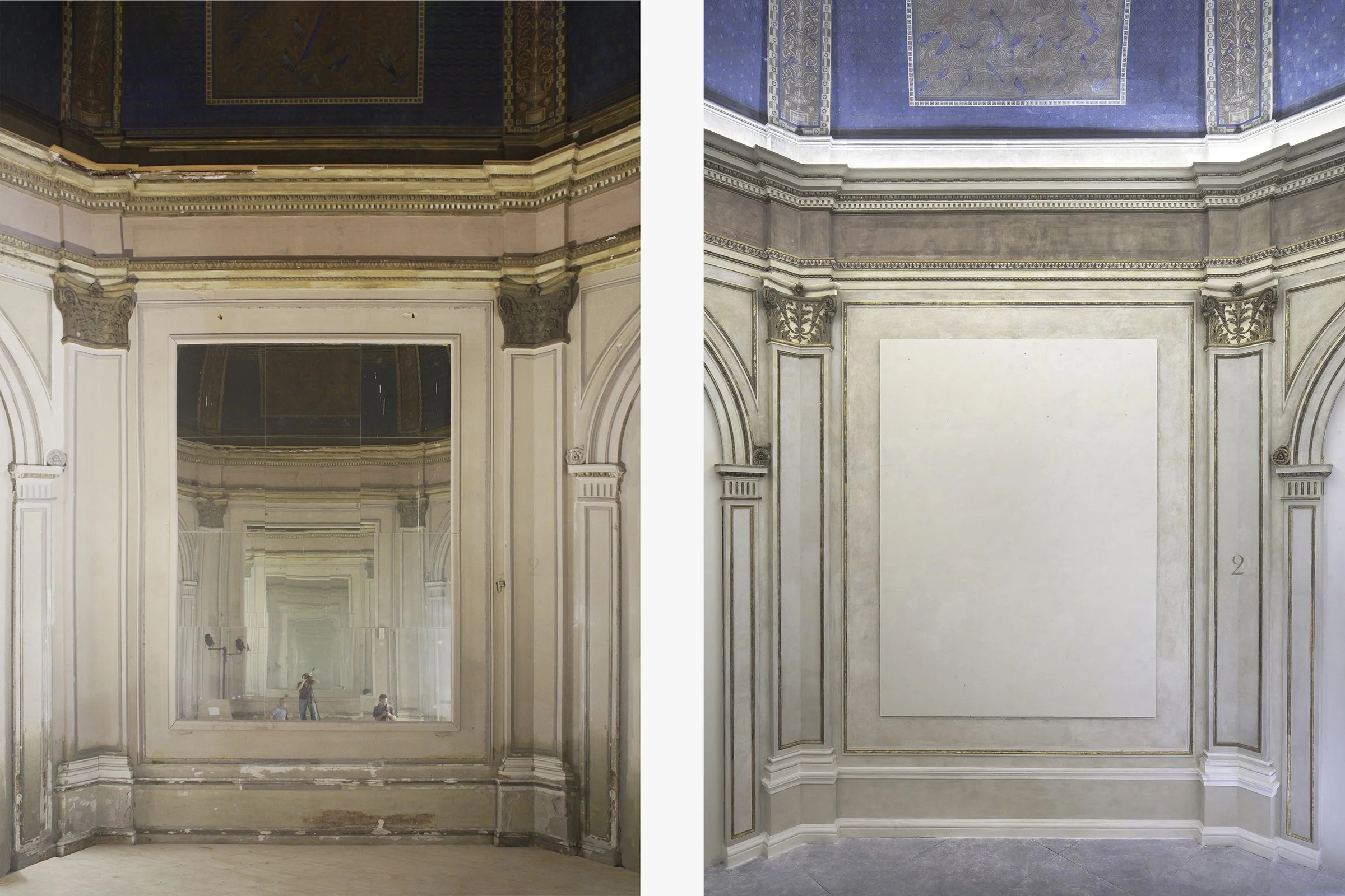 Conservations treatment of the Sala Chini, Giardini della Biennale di Venezia. The Sala Ottagona (Octagonal Hall) is located inside the Central Pavilion of the Biennale Gardens and was built for the 1899 International Exhibition. Over time, it unde