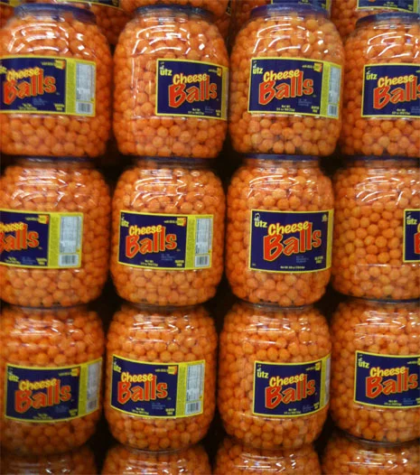 Utz’s 32oz Cheese Ball barrel. 1120 cheese balls, 4160 calories, 64g saturated fat, 8320mg sodium.