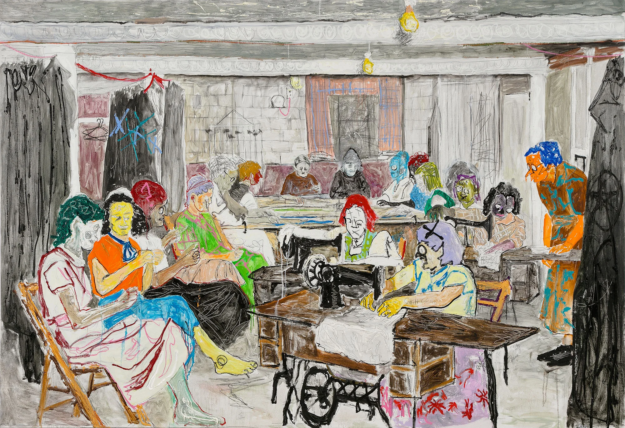 Farley Aguilar Women Sewing , 2016-2017 Oil on linen 75 x 109 inches