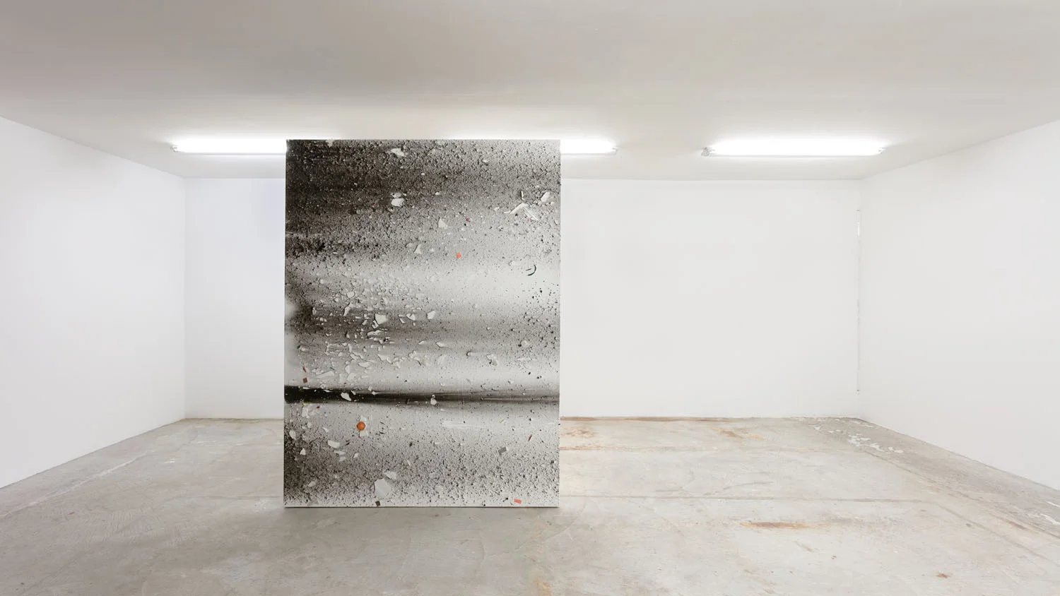 Thomas Fougeirol Untitled , 2016 Mixed media on canvas 76 x 57 inches Jo-ey Tang Bullet Through Glass, Milk Finds Its Form... , 2017 Plexiglass rod, ink on Japanese Sumi-e paper, and screws 65.6 x 0.5 x 0.5 inches Installation view
