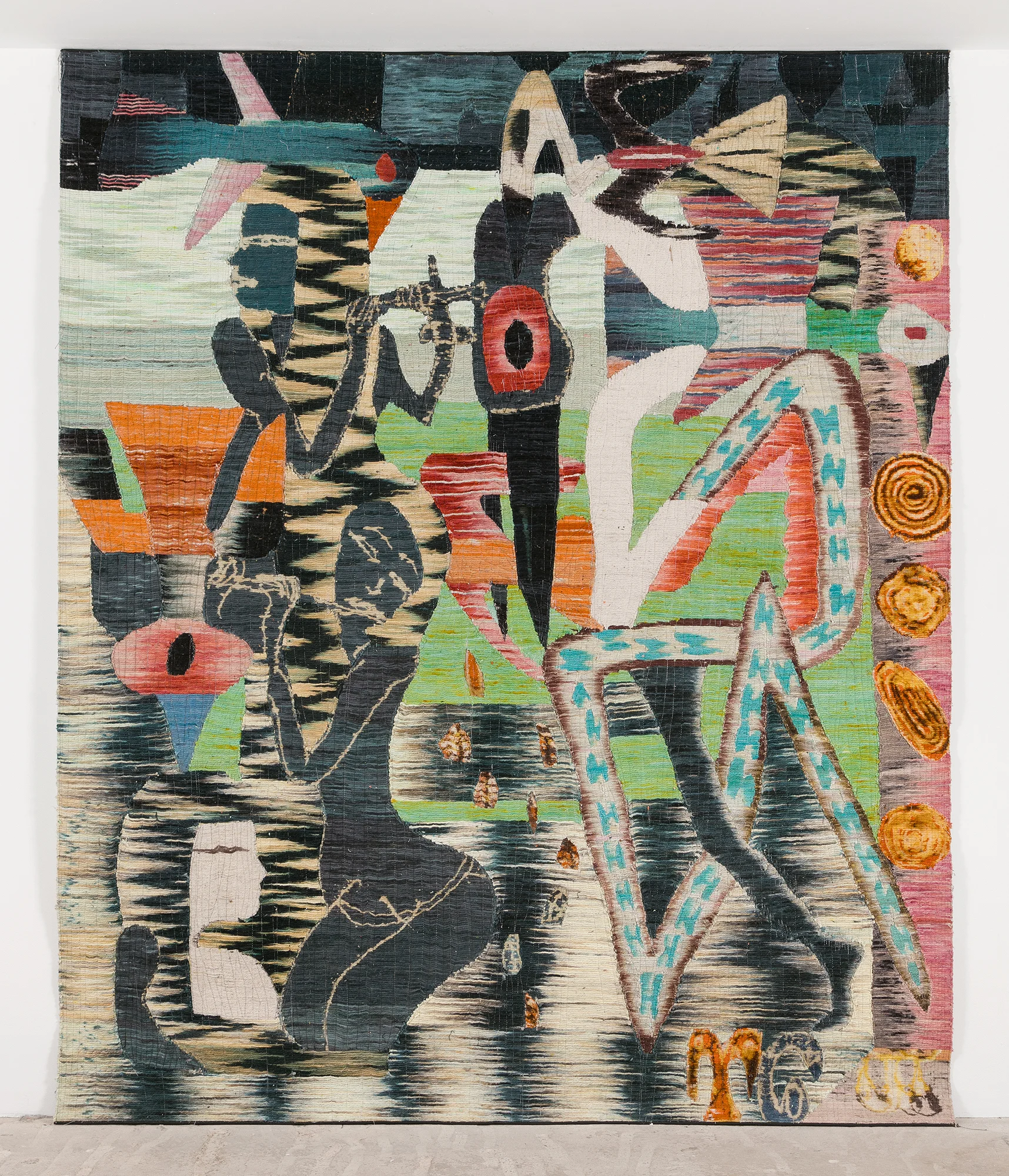 Yann Gerstberger Douk-Douk , 2017 Cotton, natural dyes (grana cochinilla), synthetic dyes, reclaimed vinyl banner 113.375 x 94.5 inches