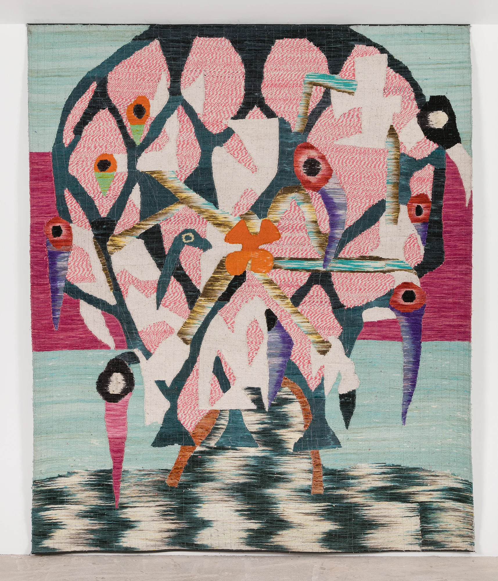 Yann Gerstberger Ataralla , 2017 Cotton, natural dyes (grana cochinilla), synthetic dyes, reclaimed vinyl banner 113.375 x 94.5 inches