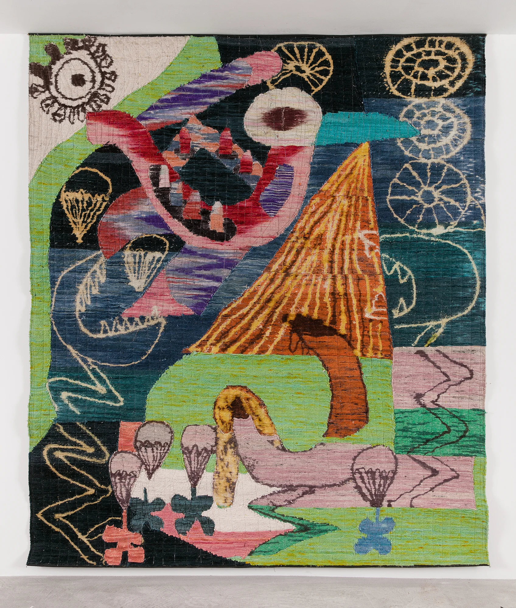 Yann Gerstberger Baby , 2017 Cotton, natural dyes (grana cochinilla), synthetic dyes, reclaimed vinyl banner 82.6 x 70.9 inches