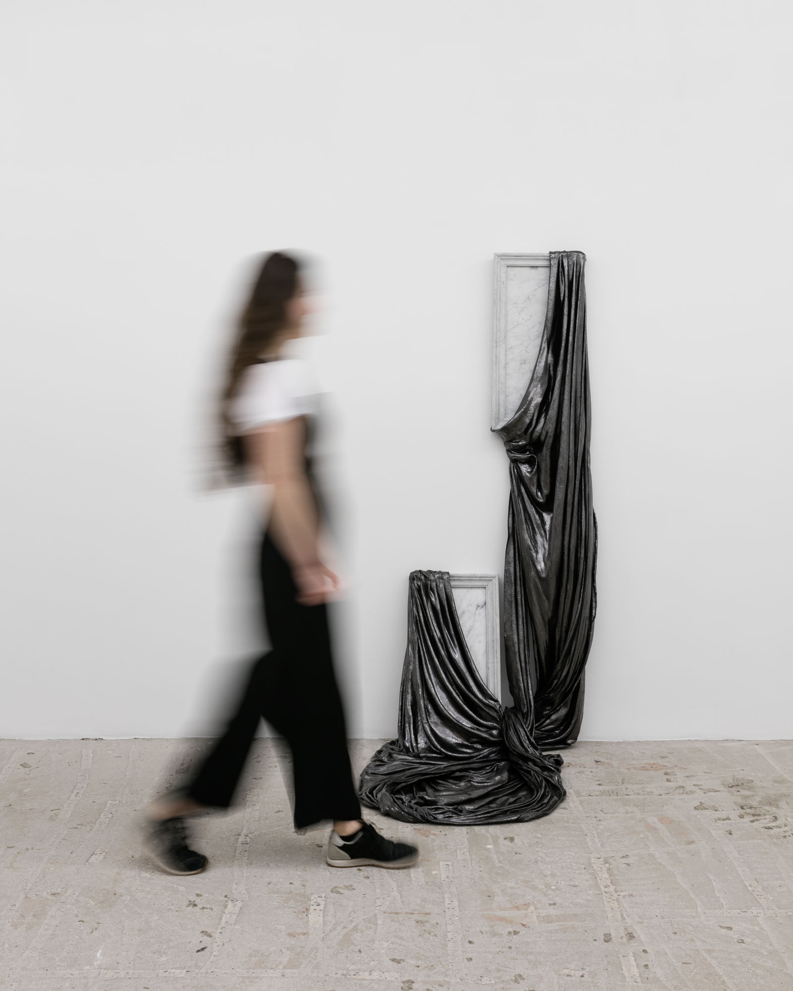 Lauren Seiden Shields of Armor, I Turn and Burn , 2019 Marble, graphite pencil, fabric and mixed mediums Dimensions variable: 68 x 38 x 14.5 x 33 inches (172.72 x 96.52 x 39.37 x 83.82 cm)
