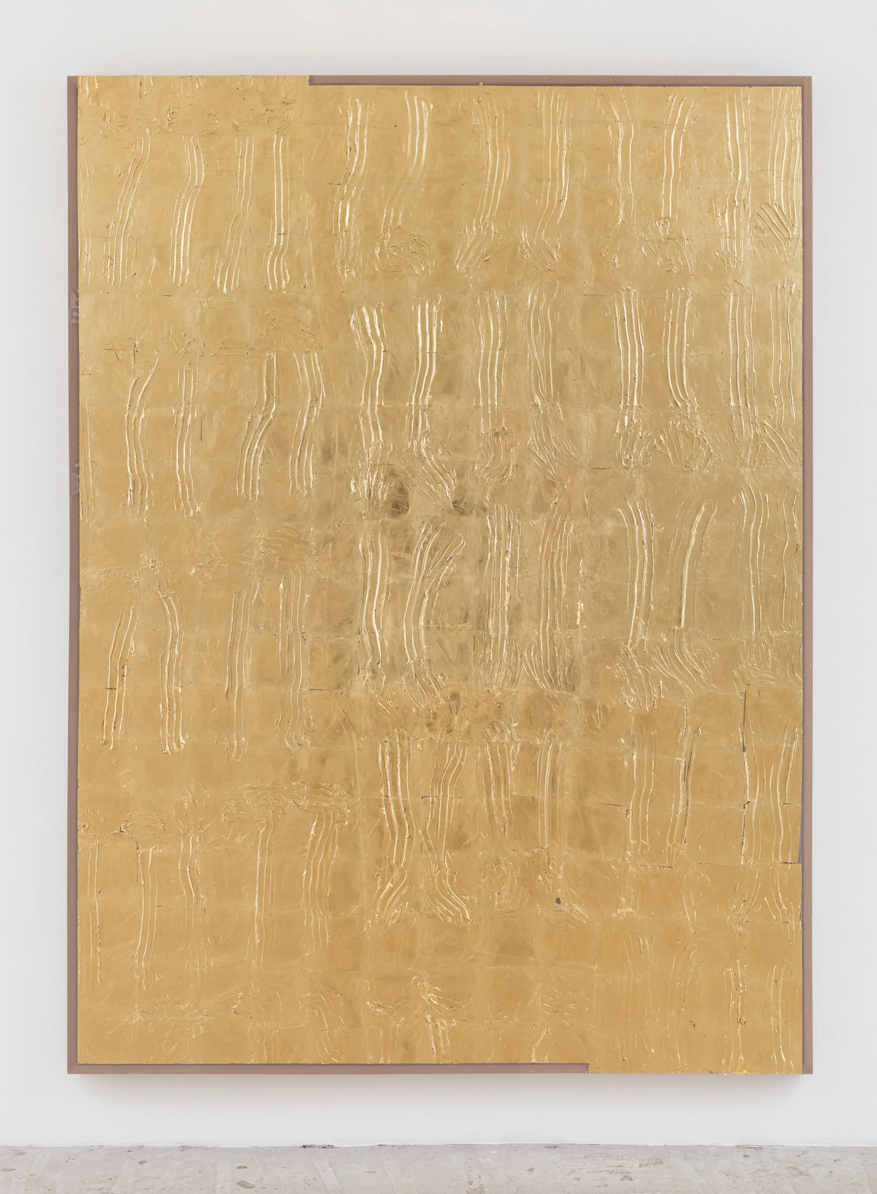 Gilded (Delusions of Duration and Succession) , 2019 Acyrlic and gold leaf on fabric, poplar 94 x 70 x 2.5 inches