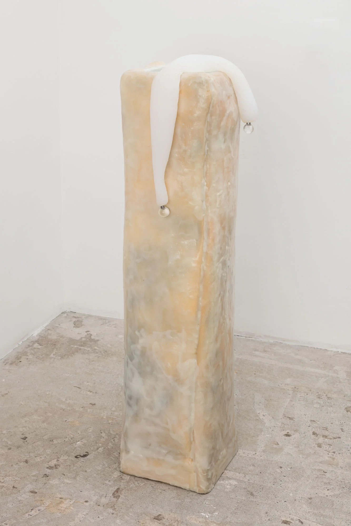 From the Personal Growth Lab (Resting Gaze) , 2019 Silicon, upholstery foam, poplar, etched mirror, glass knobs 52 x 16 x 16 inches