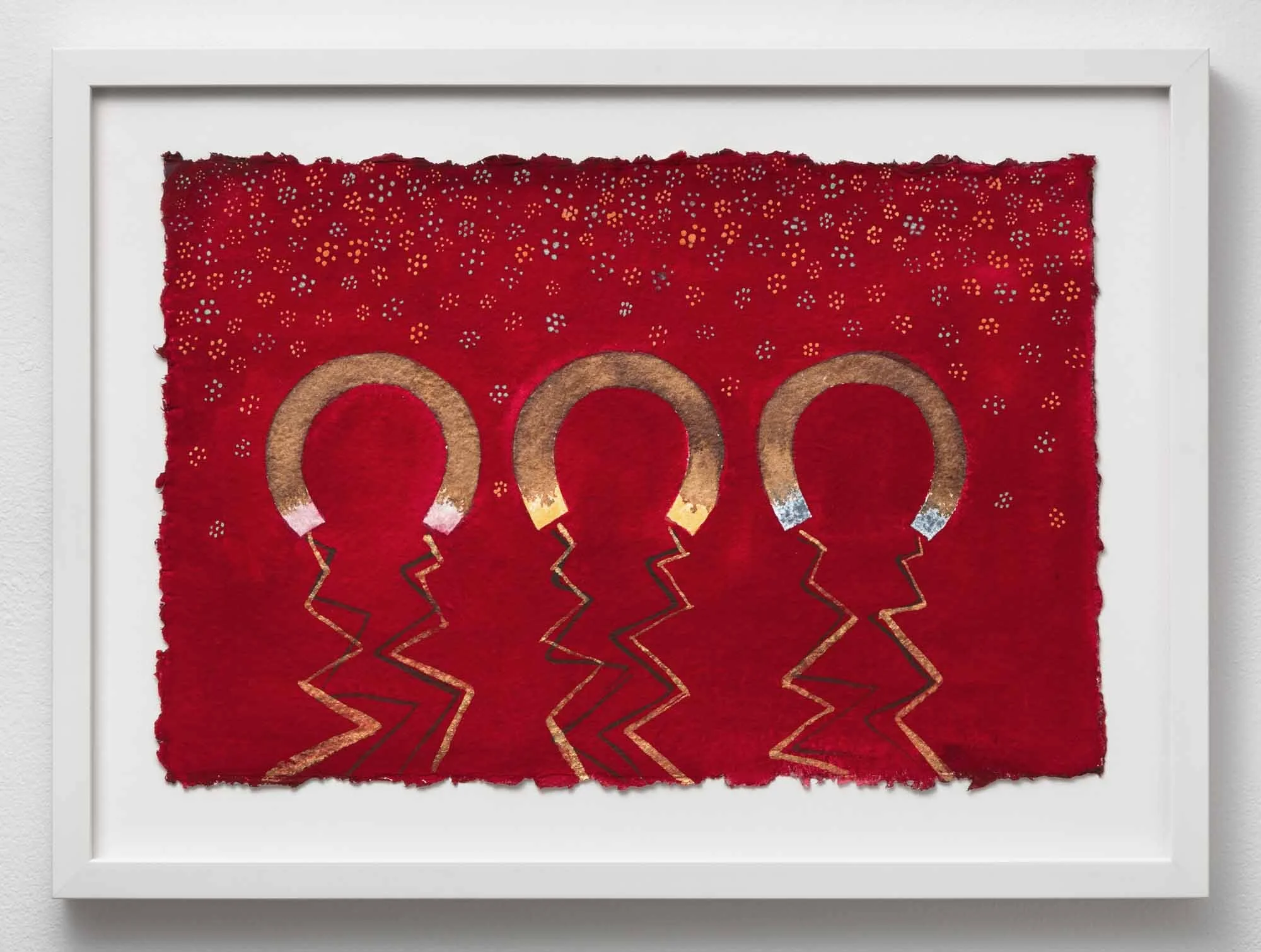 Luck of the Draw , 2019 Cochineal, grape vine black, gold, black walnut, ochre, coral, vivianite, and malachite on paper 12x18”