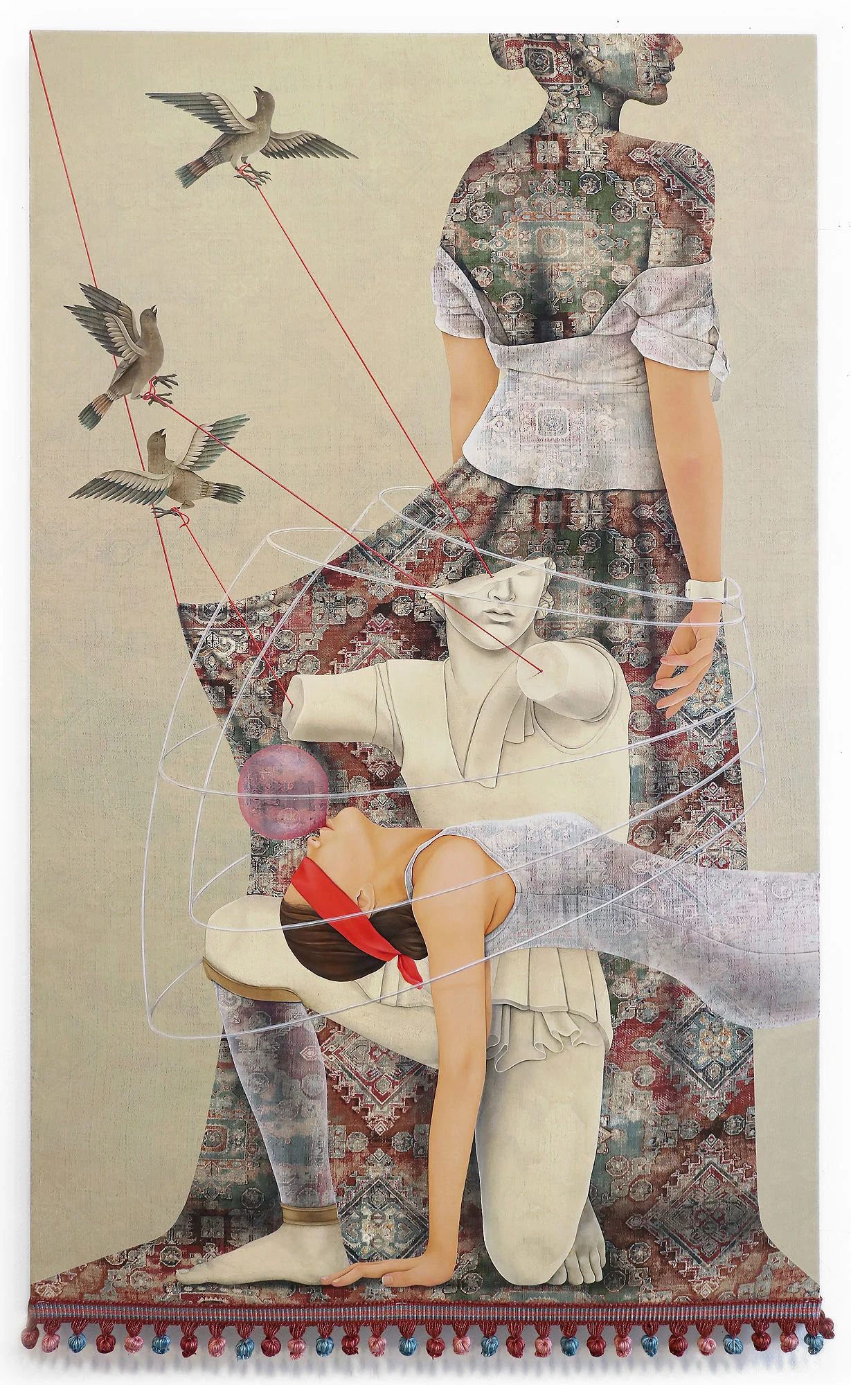 Arghavan Khosravi You're Free to Fly , 2019 Acrylic on found textile mounted on wood panel 50 x 32 inches