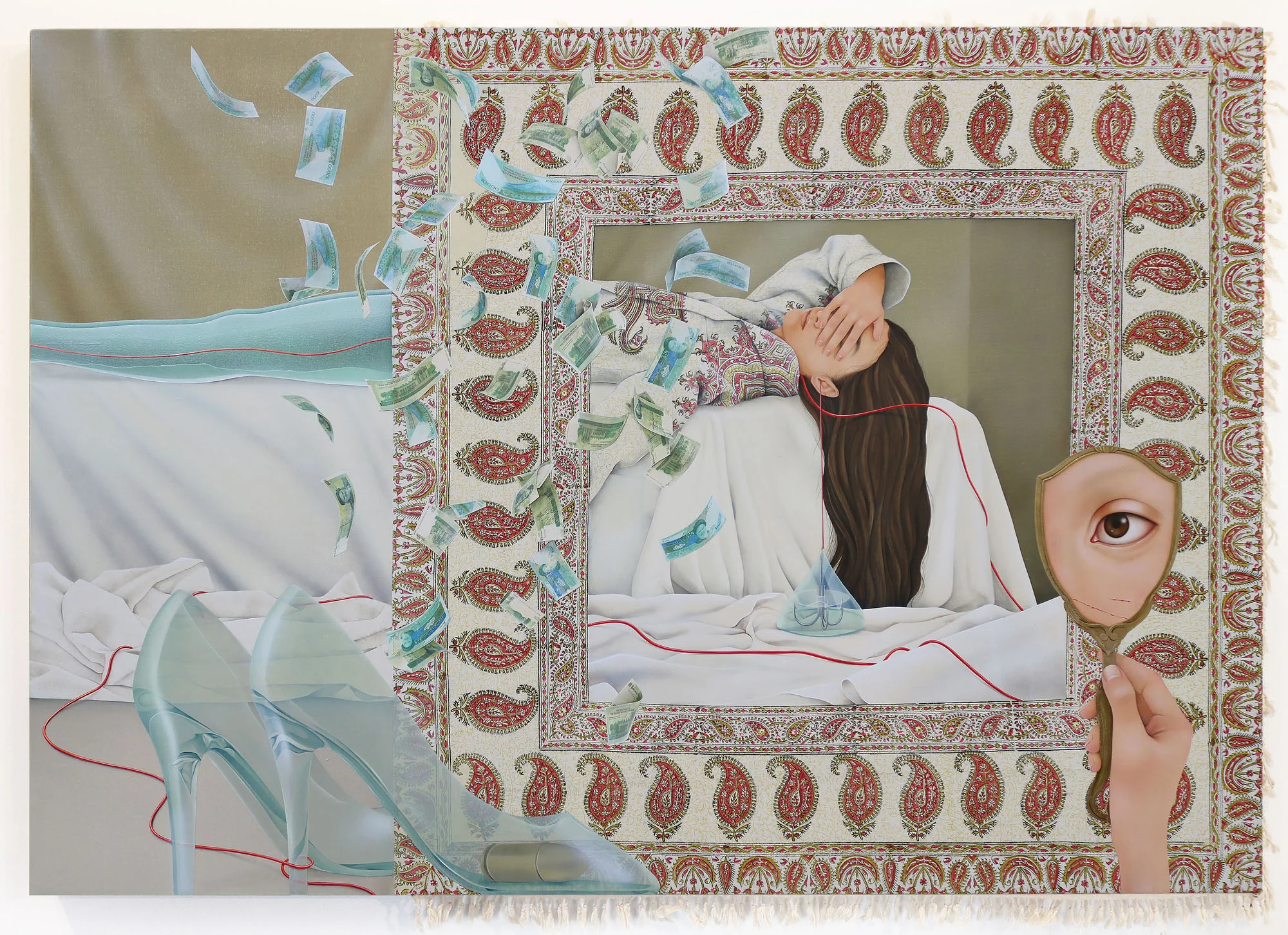 Arghavan Khosravi Fragility of Peace , 2019 Acrylic and phototransfer on cotton canvas and found textile mounted on wood panel 40 x 57 inches