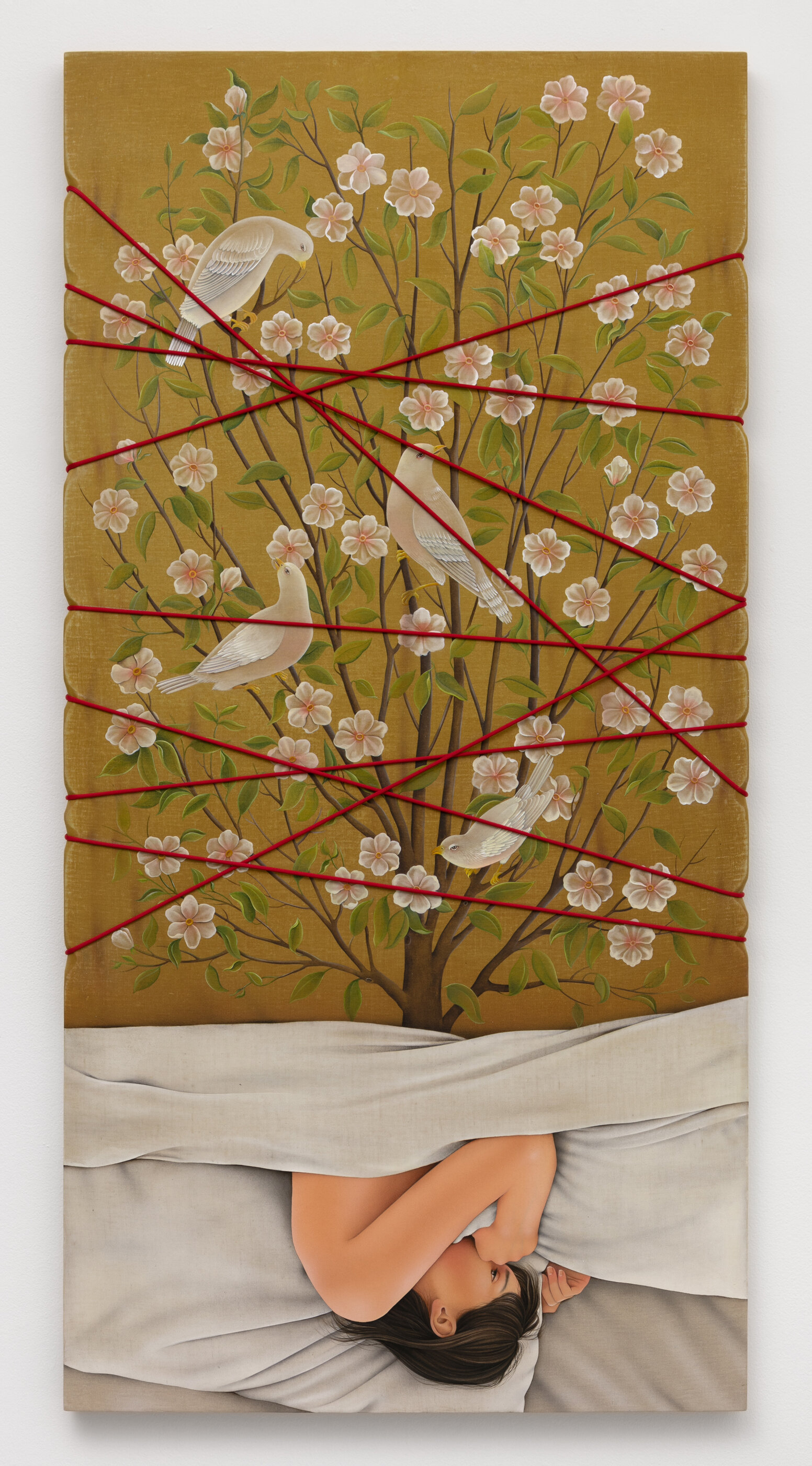 Arghavan Khosravi Sweet Dreams! (With Eyes Wide Open) , 2019 Acrylic and rope on panel 47 x 23 3/4 inches