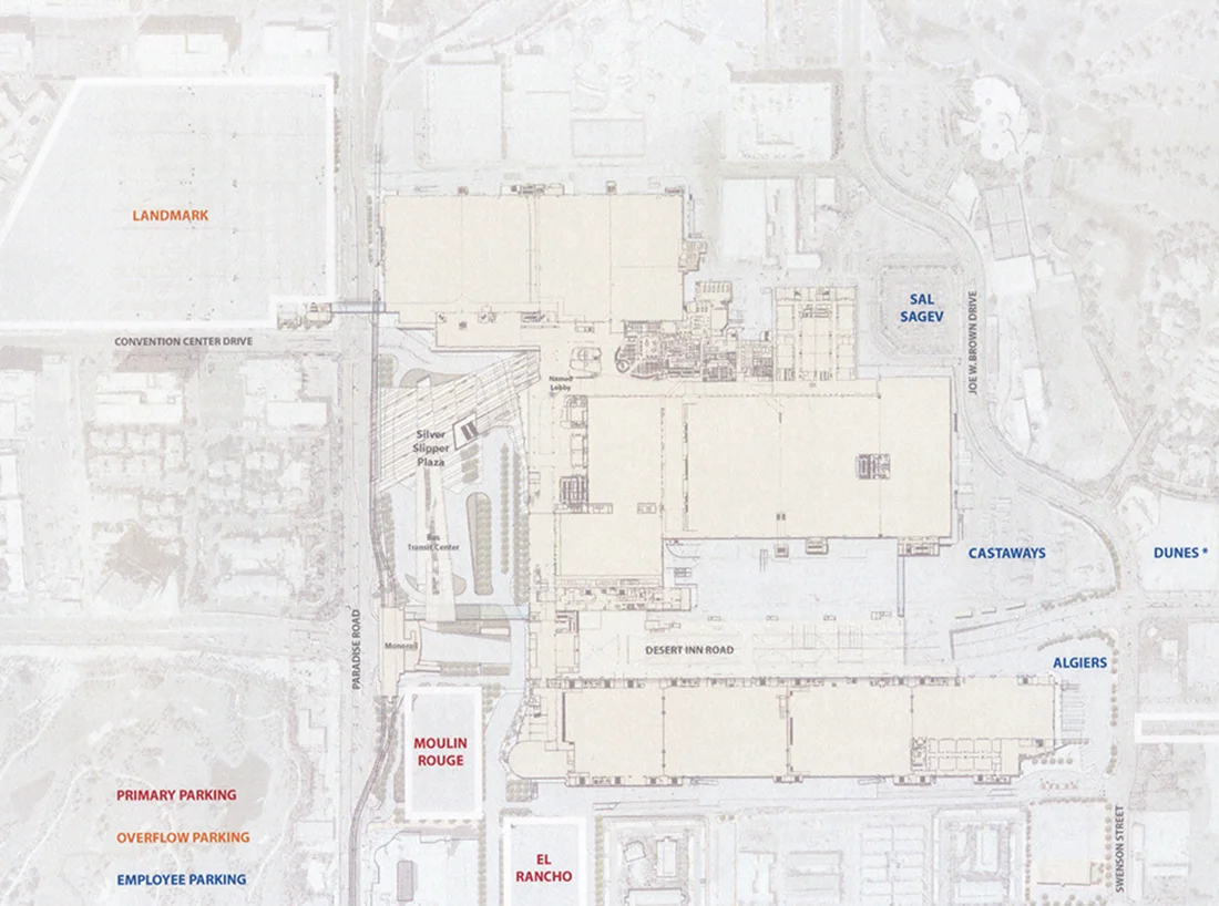 surrounding parking lots would use the same color coding, and would be named after decommissioned hotels, thus increasing the visitor's potential to remember which lot they parked in