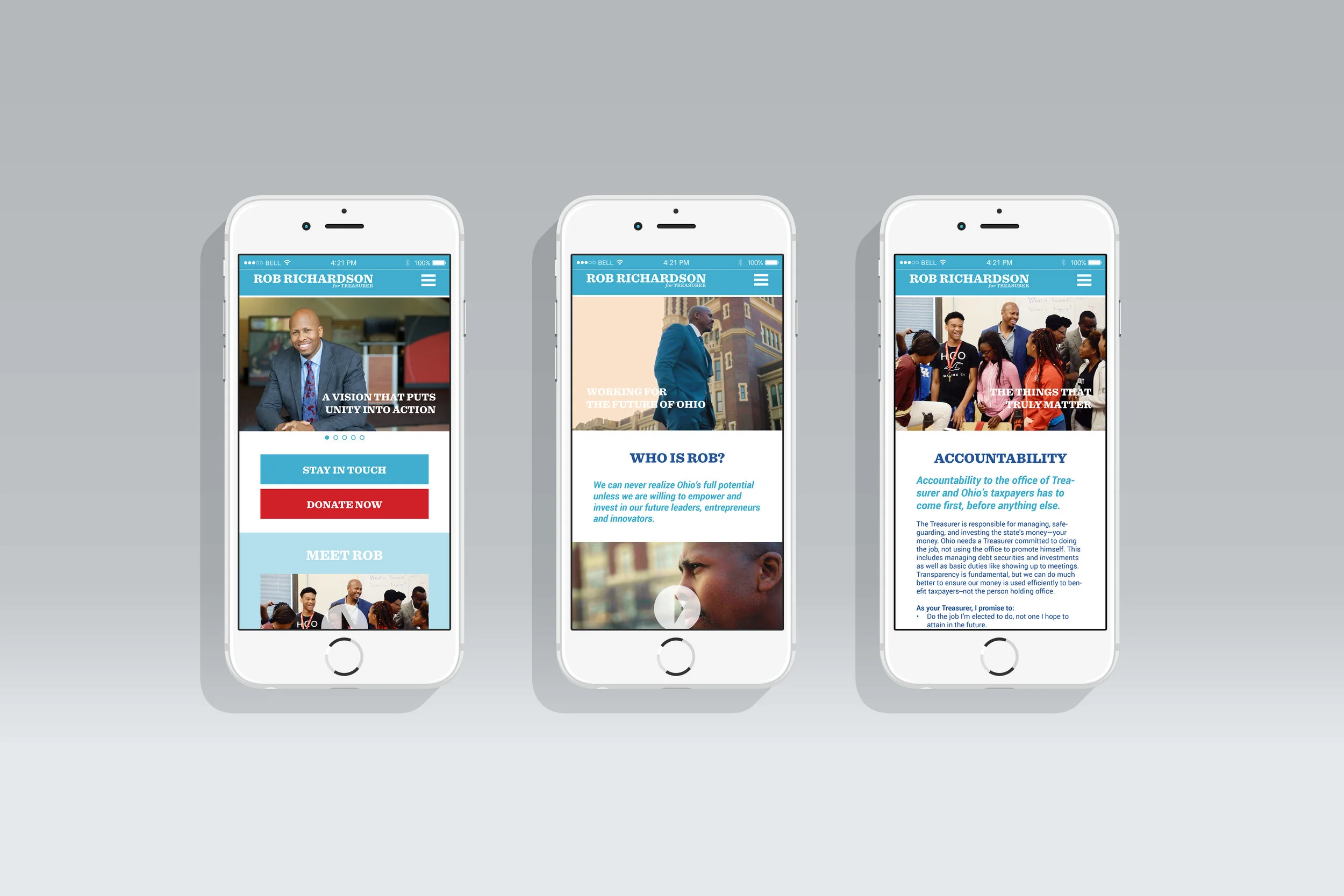 mobile layouts for the Homepage, About page, and Issues page