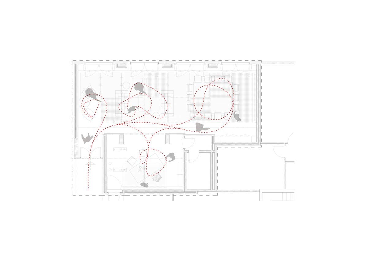 Lo schema che illustra i flussi all'interno della stanza dopo il restyling: una percorrenza libera tra aree con funzioni ben determinate.
