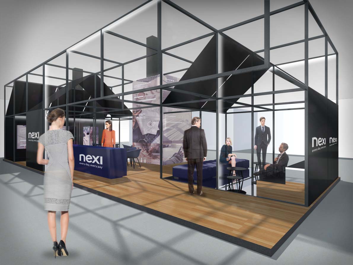 Una immagine interna dello stand, con la successione di setti disposti in modo da creare continui scorci visivi e invitare all'attraversamento dello spazio.