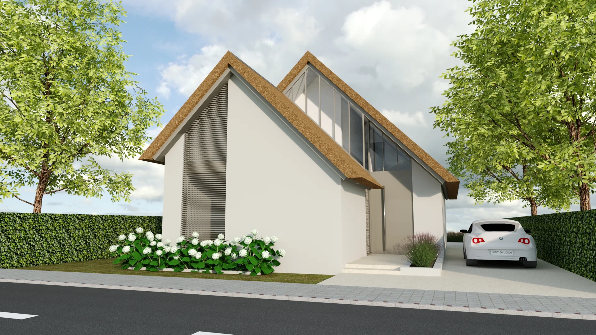 Ontwerp voor een moderne woning met gestucte gevels en rieten kap van Annemarieke van Dooren Architect te Vessem