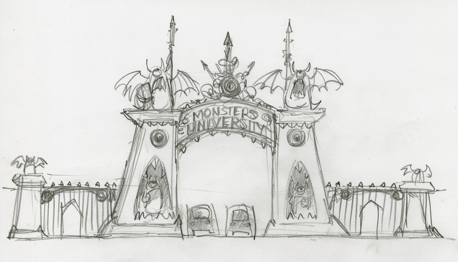 Monsters University concept art by John Nevarez highlighting the faux teeth and eyes blended into the shape language of the architecture