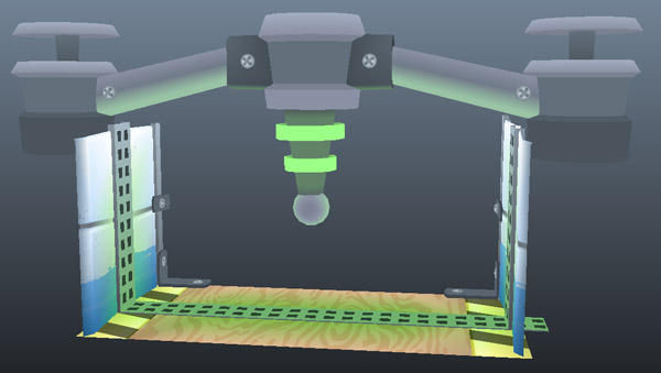 This is a screenshot of a flat-shaded trap tile (consistently lit on every face). The only textures are on the screws and the hallway floor and walls. You can see the green lighting, which was faked using vertex colors. This, when paired with an actual dynamic light, worked really well to fake lighting detail we were not able to achieve because of technical restraints.