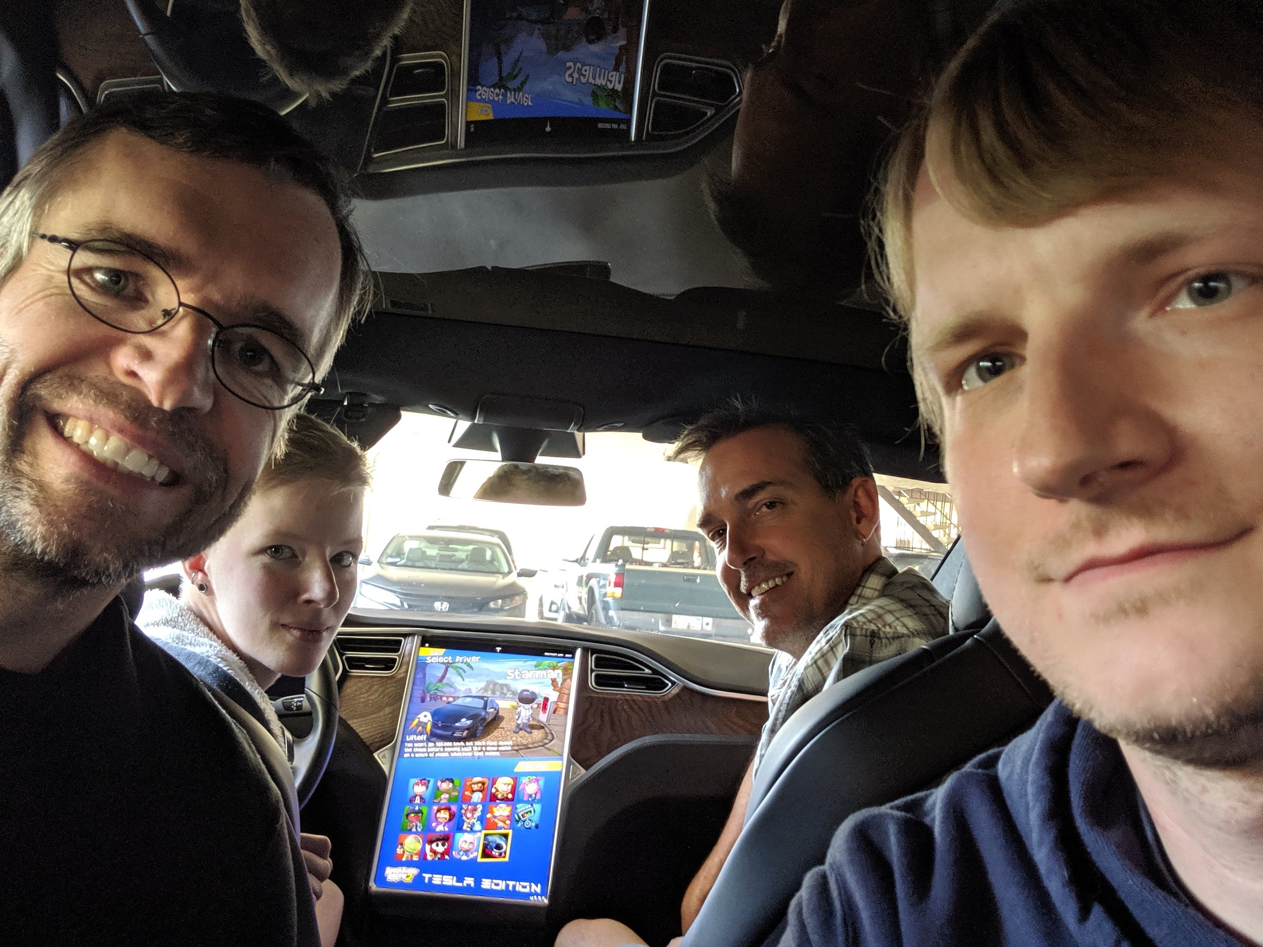 The full-time team in the Tesla just before launch. From left to right: Ralf, Timm, Matt, Ian.