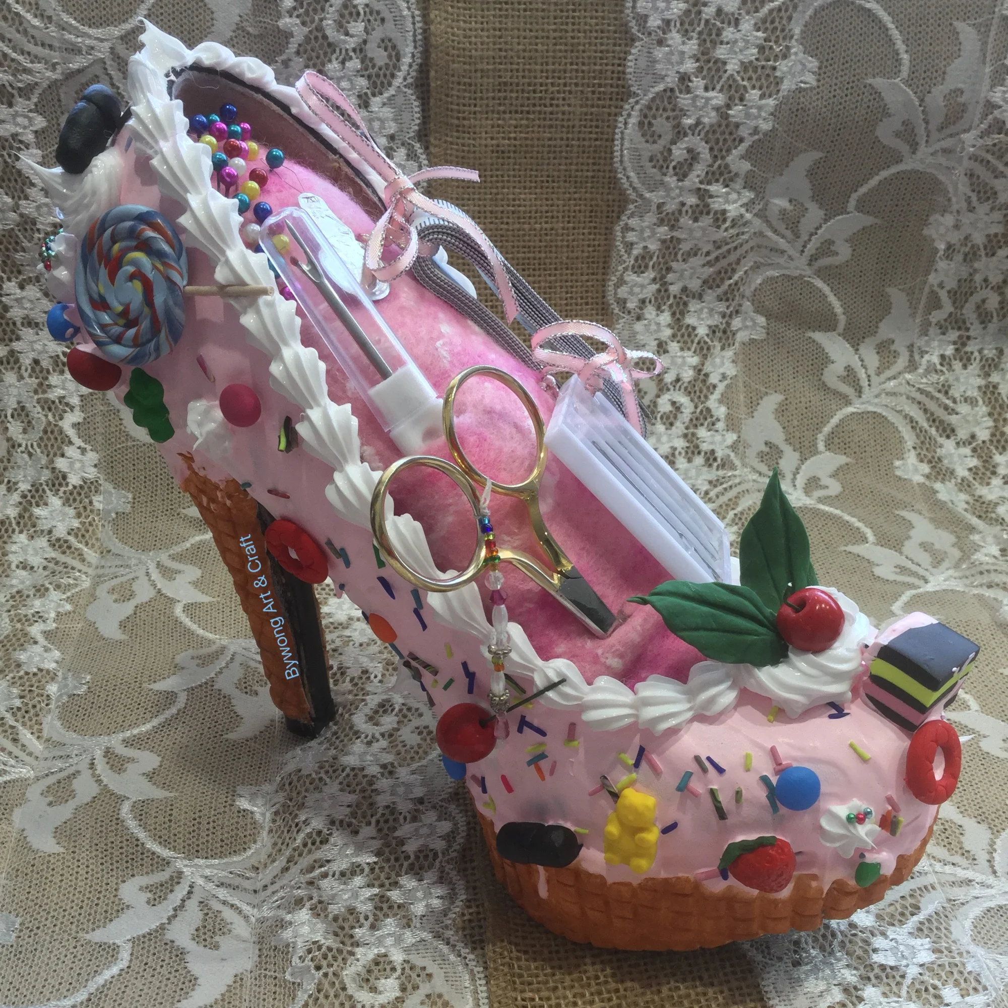 Sewing caddy.  High heel shoe sewing caddy 