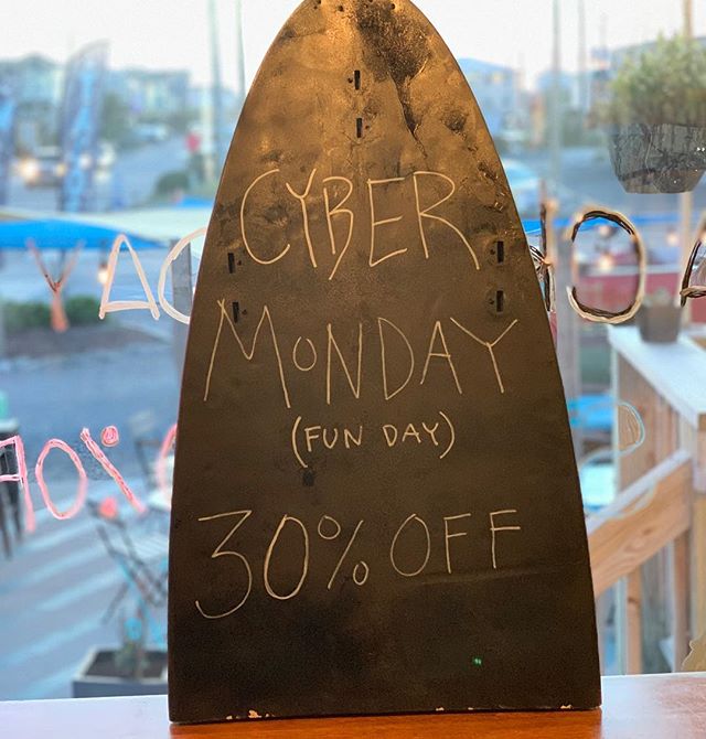 This partial surfboard represents partial payment. Annual Cyber Monday is on! Just use SURFINGTACO and you&rsquo;re in! www.surfcitysurfschool.com 30% gift cards, lessons, tacos, gear and everything else. Yew! #sale #cybermonday #shakataco #surfcitys