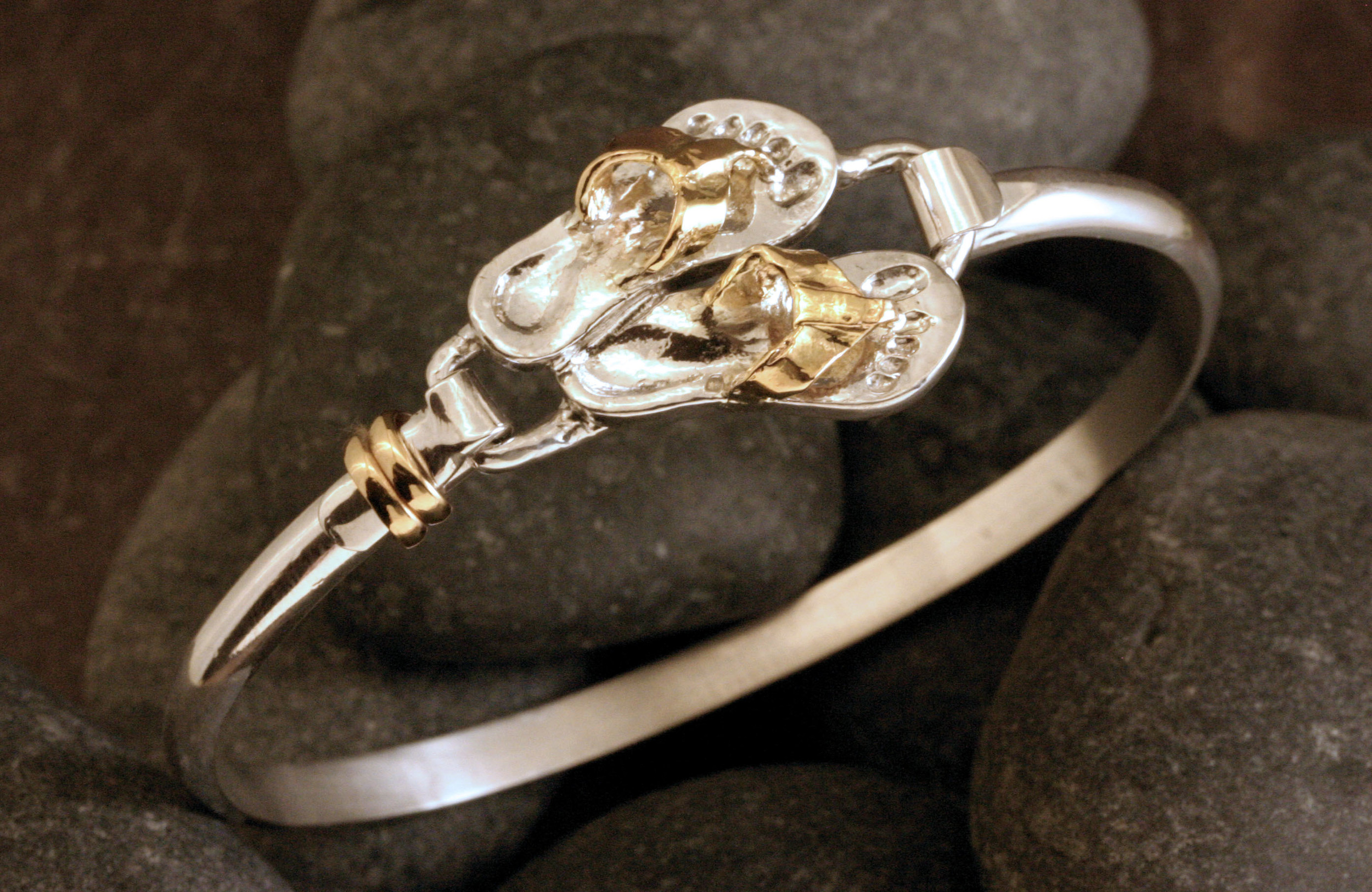 Sterling silver & 14K gold flip flop bracelet.