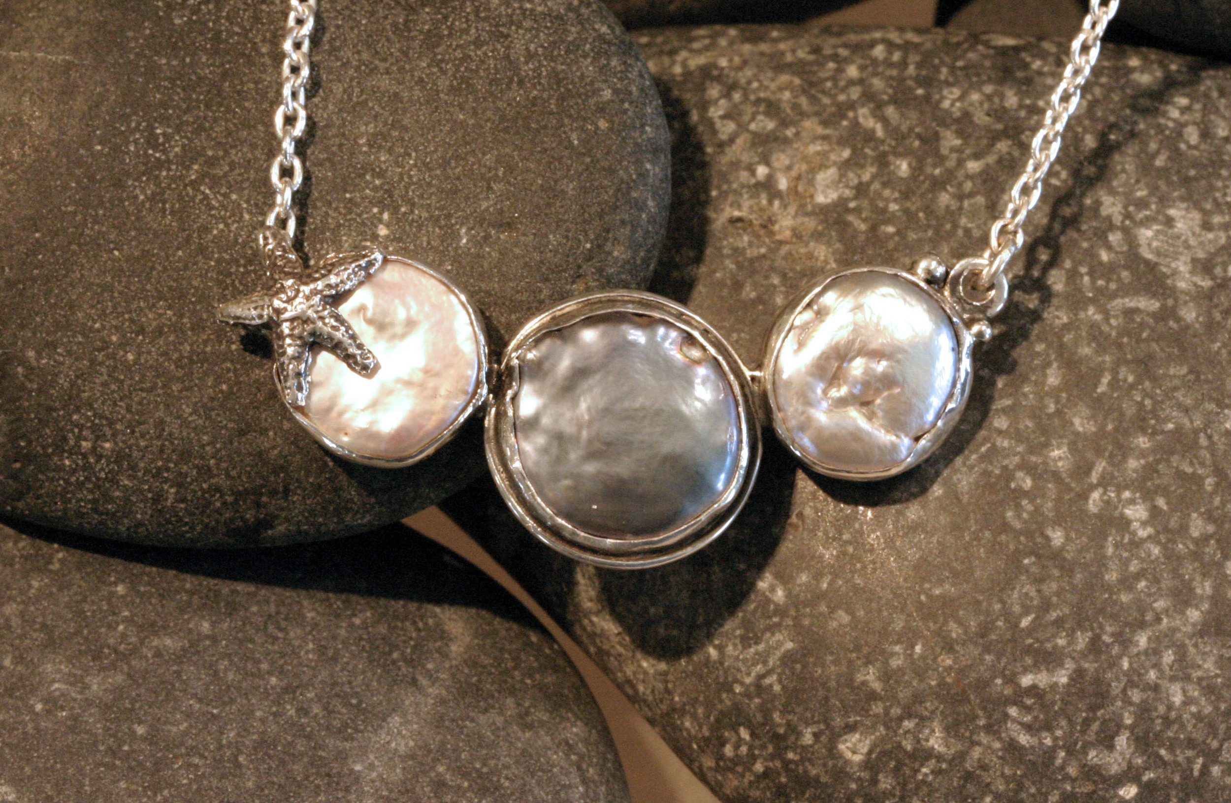 Sterling silver three freshwater coin pearl necklace with starfish accent