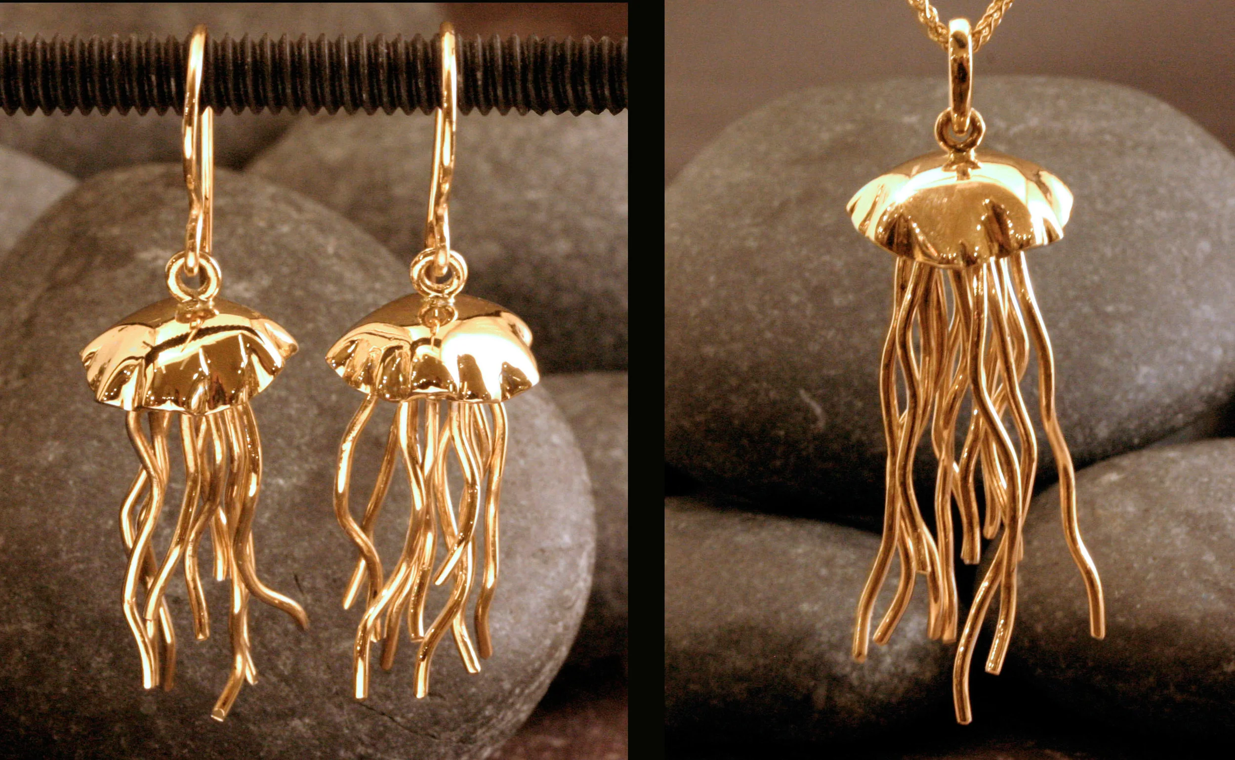 14k gold jellyfish earrings & matching pendant with moveable legs.