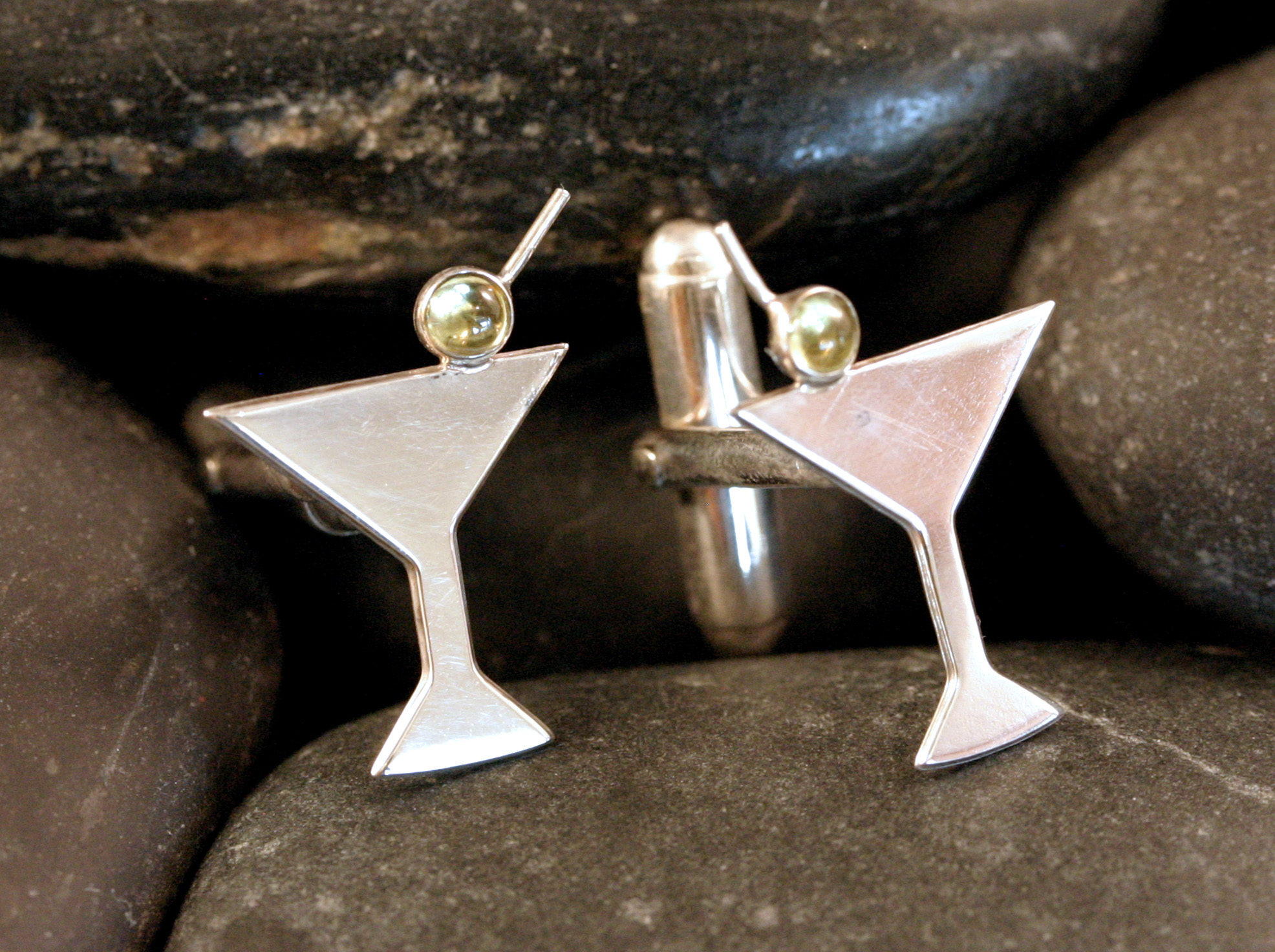 Sterling silver martini glass cuff links with peridot cabochons for the olives
