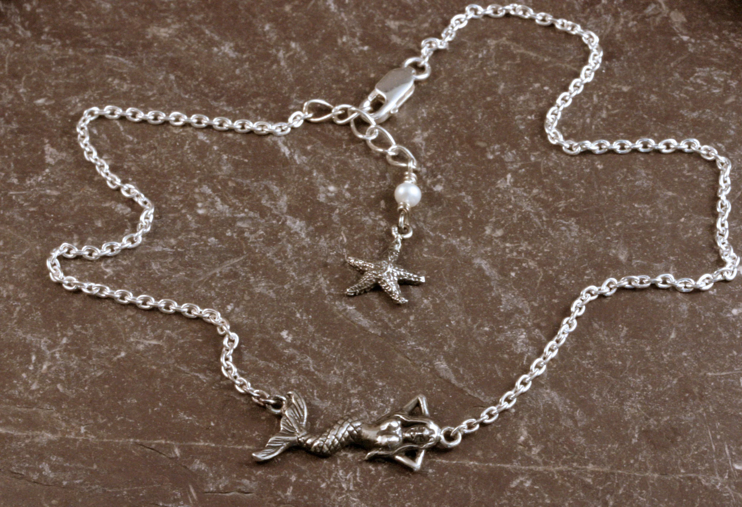 Sterling silver mermaid anklet with a freshwater pearl & starfish accent