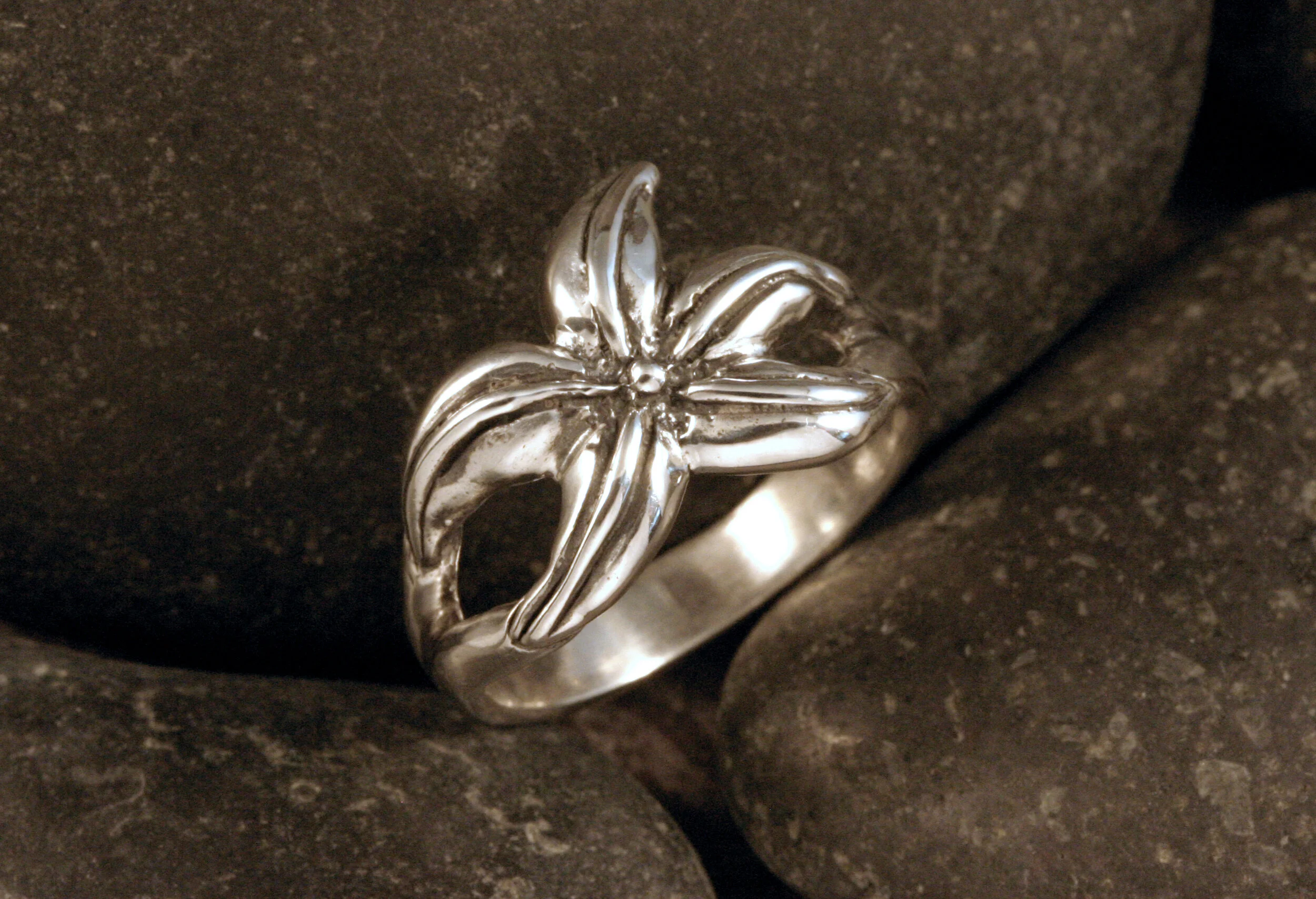 An oxidized sterling silver smooth stylized dancing starfish ring.