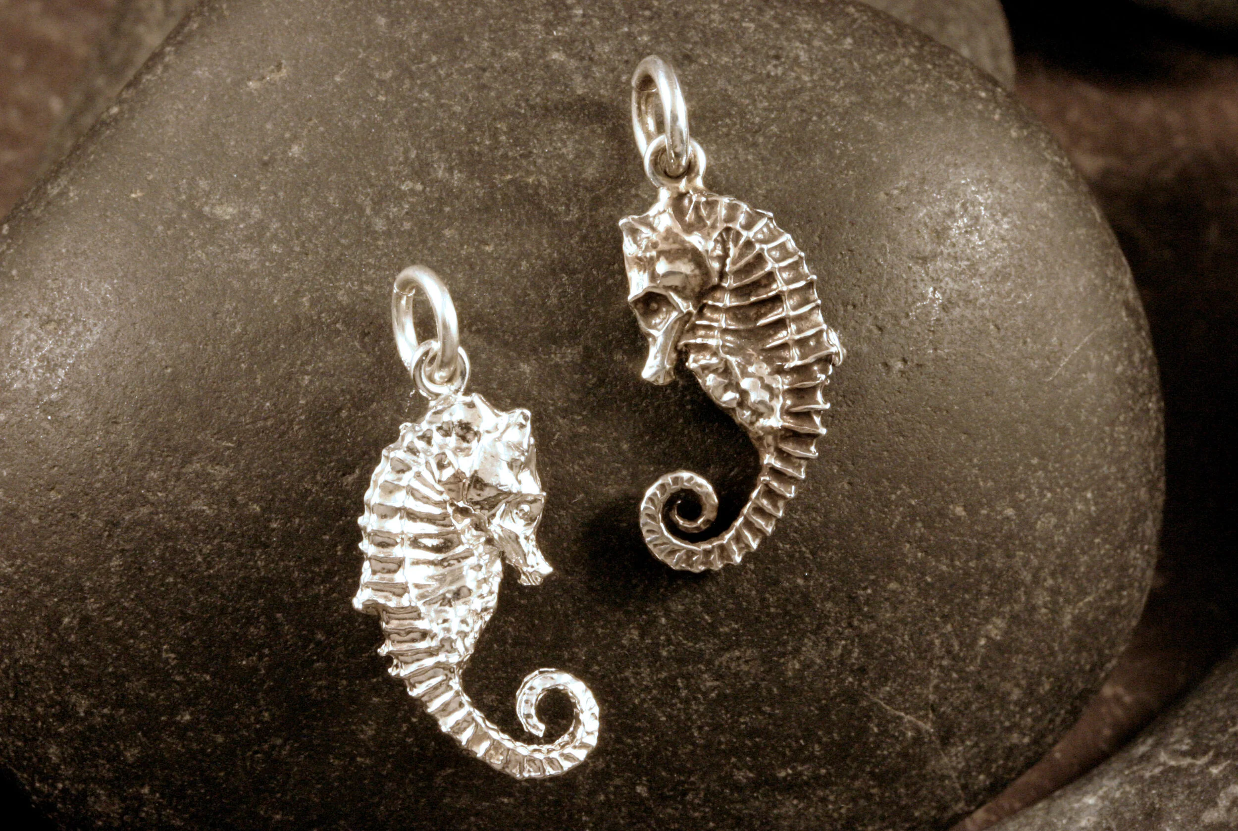 2 seahorses with curled tails charms in shiny and oxidized sterling silver.