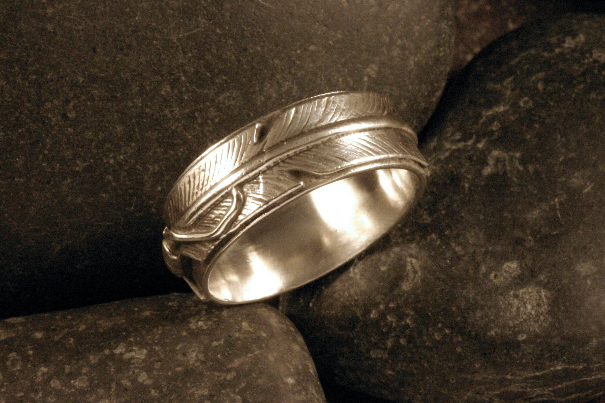Oxidized sterling silver feather ring band view 2.