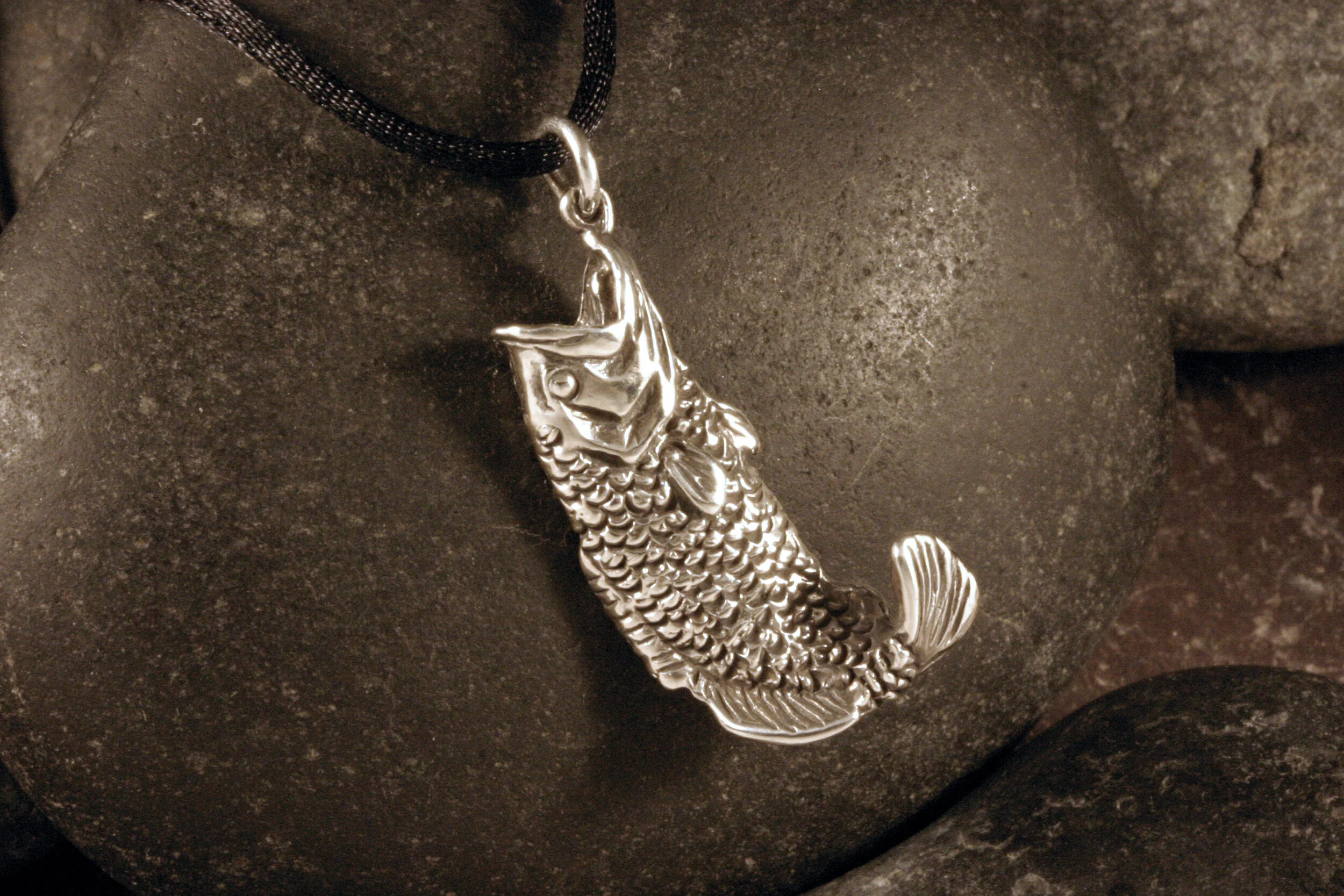 Oxidized sterling silver bass fish charm side view