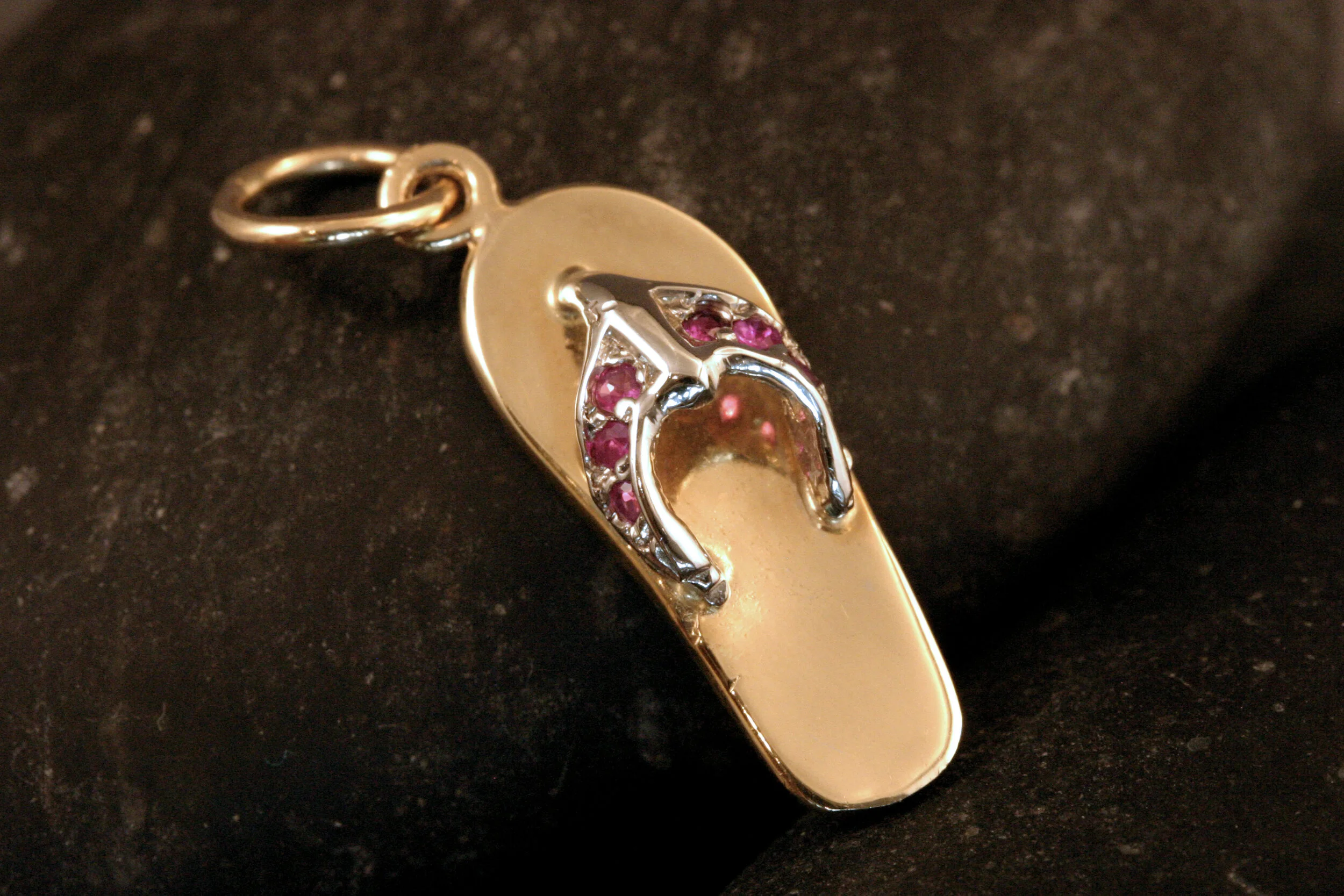 14K Two Tone Gold Flip Flop Charm with Pink Sapphires