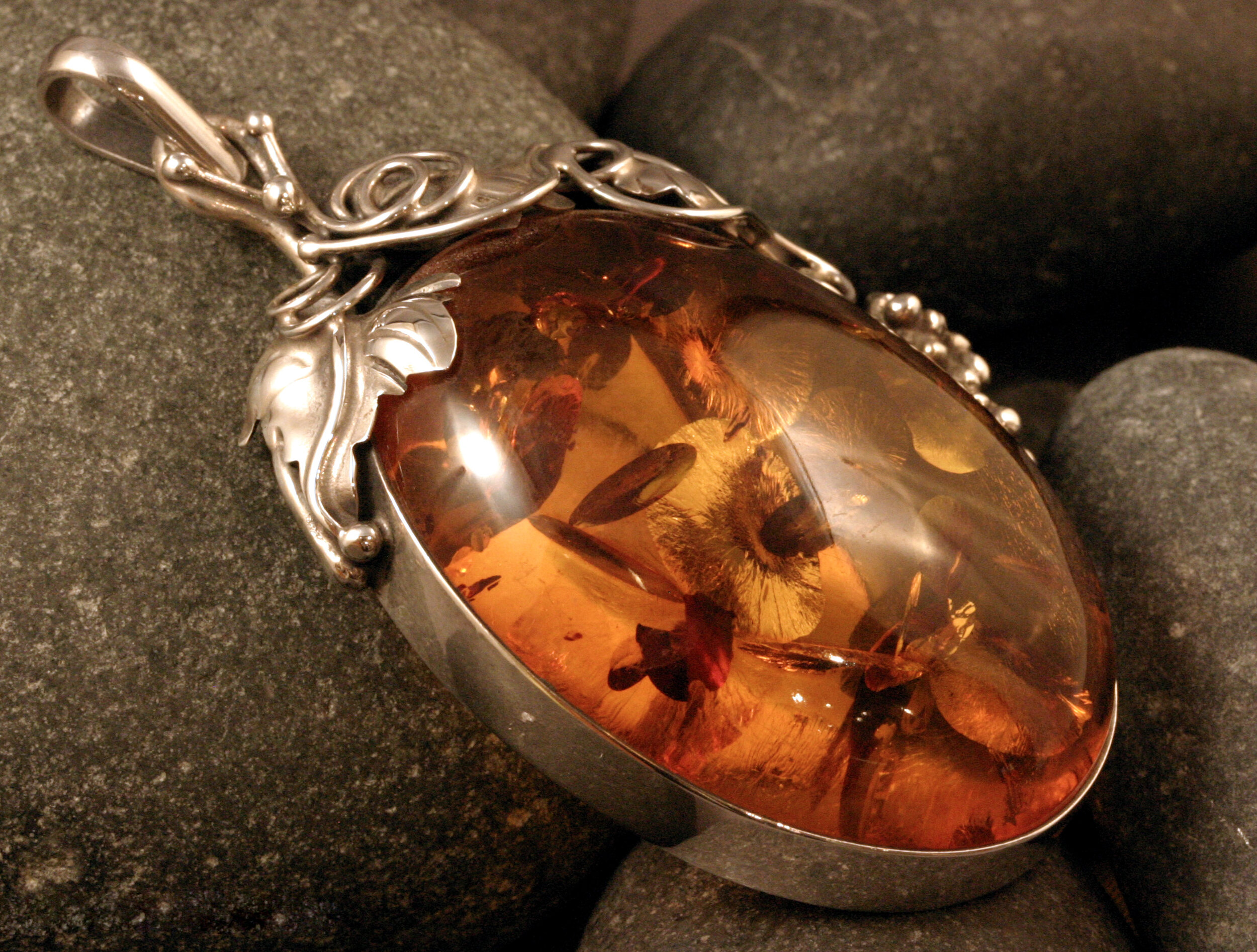 Amber Sterling Silver Large Pendant