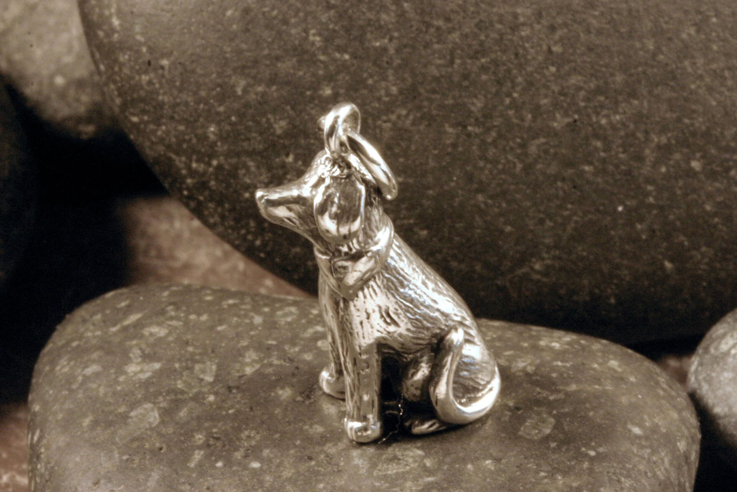 Oxidized sterling silver golden doodle dog charm left side view