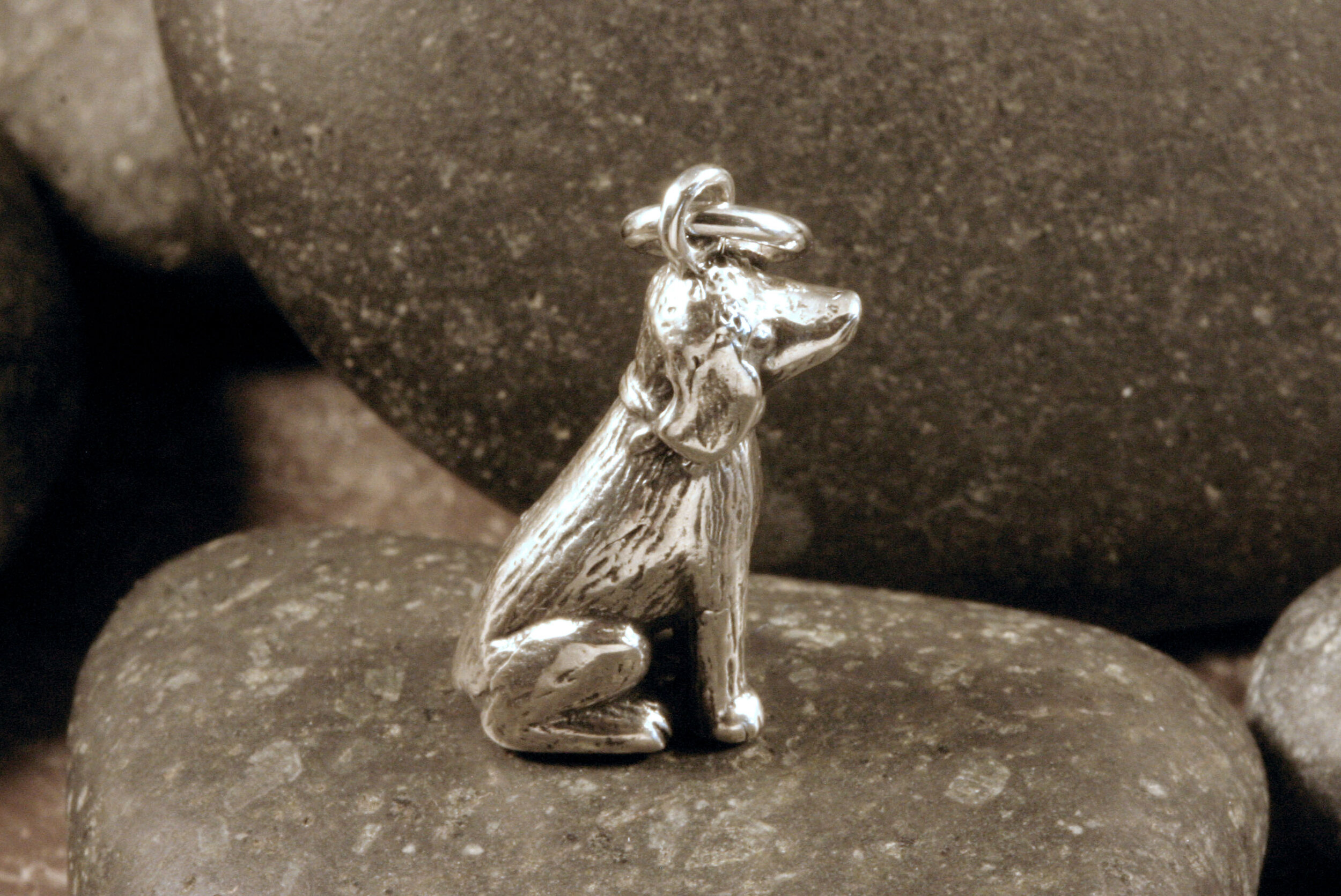 Oxidized sterling silver golden doodle dog charm right side view