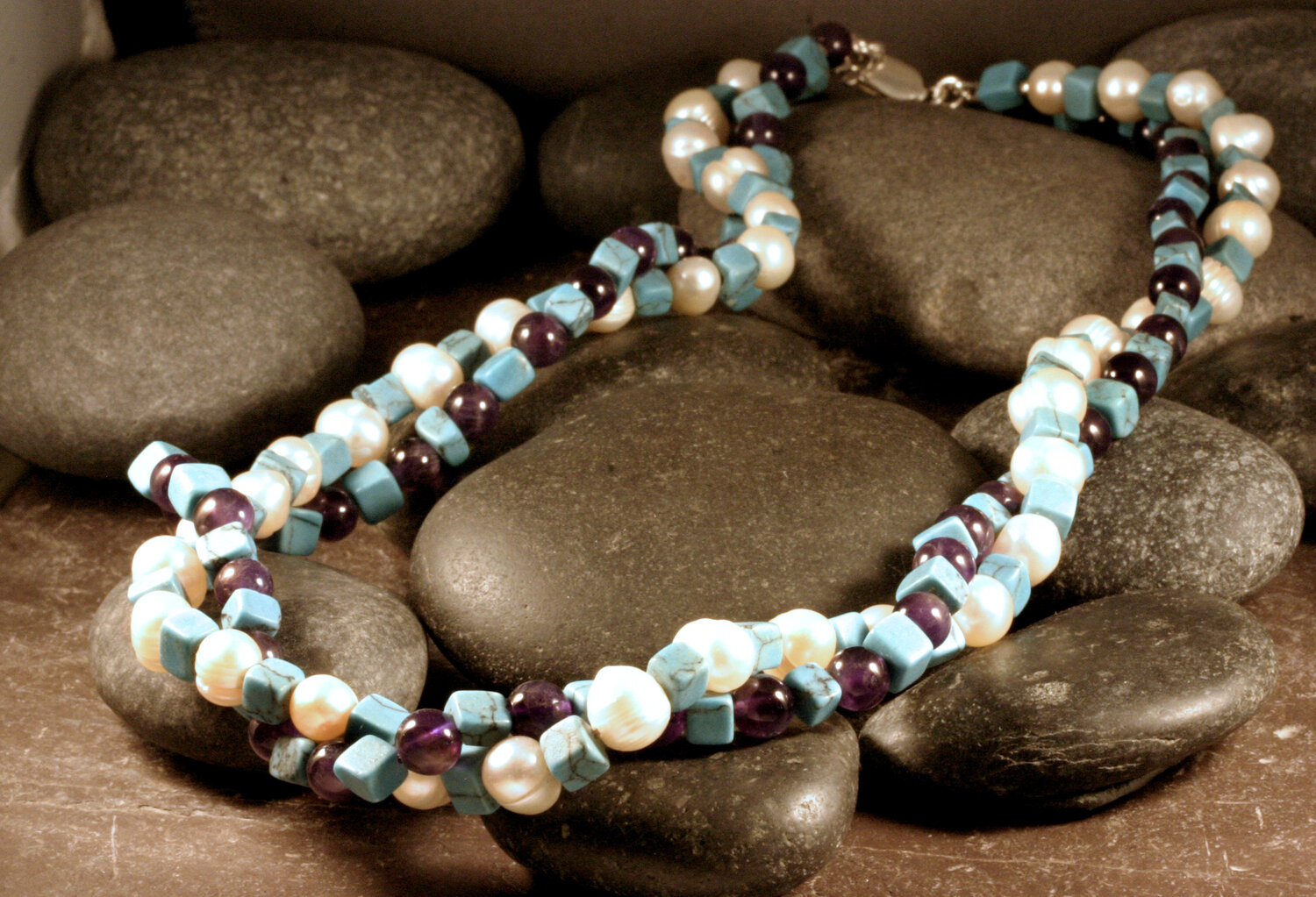 Sterling Silver Turquoise, Amethyst, Pearl Bead Double Strand Twist Necklace  — Designs By S&R
