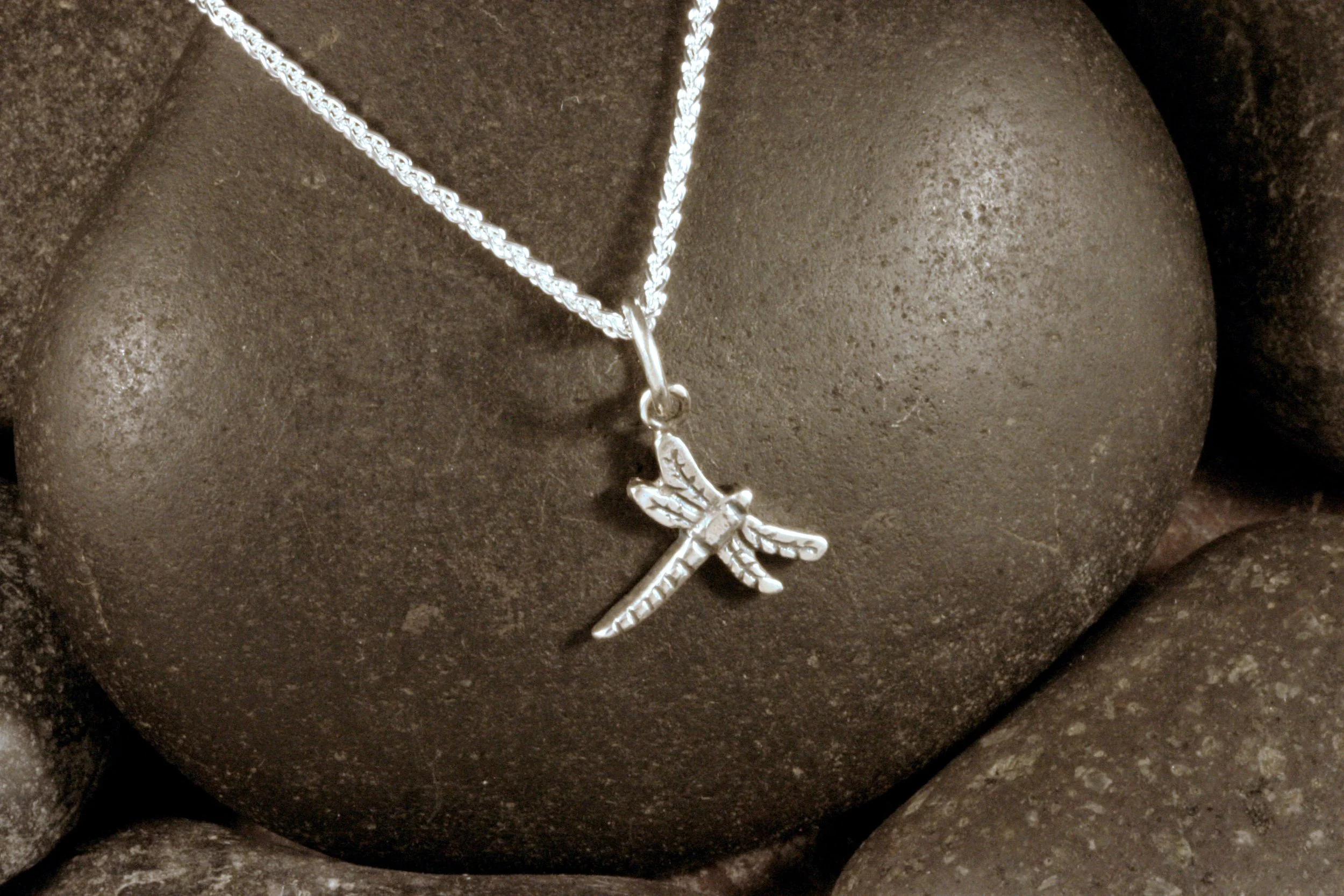 An oxidized sterling silver dragonfly charm on a spiga chain