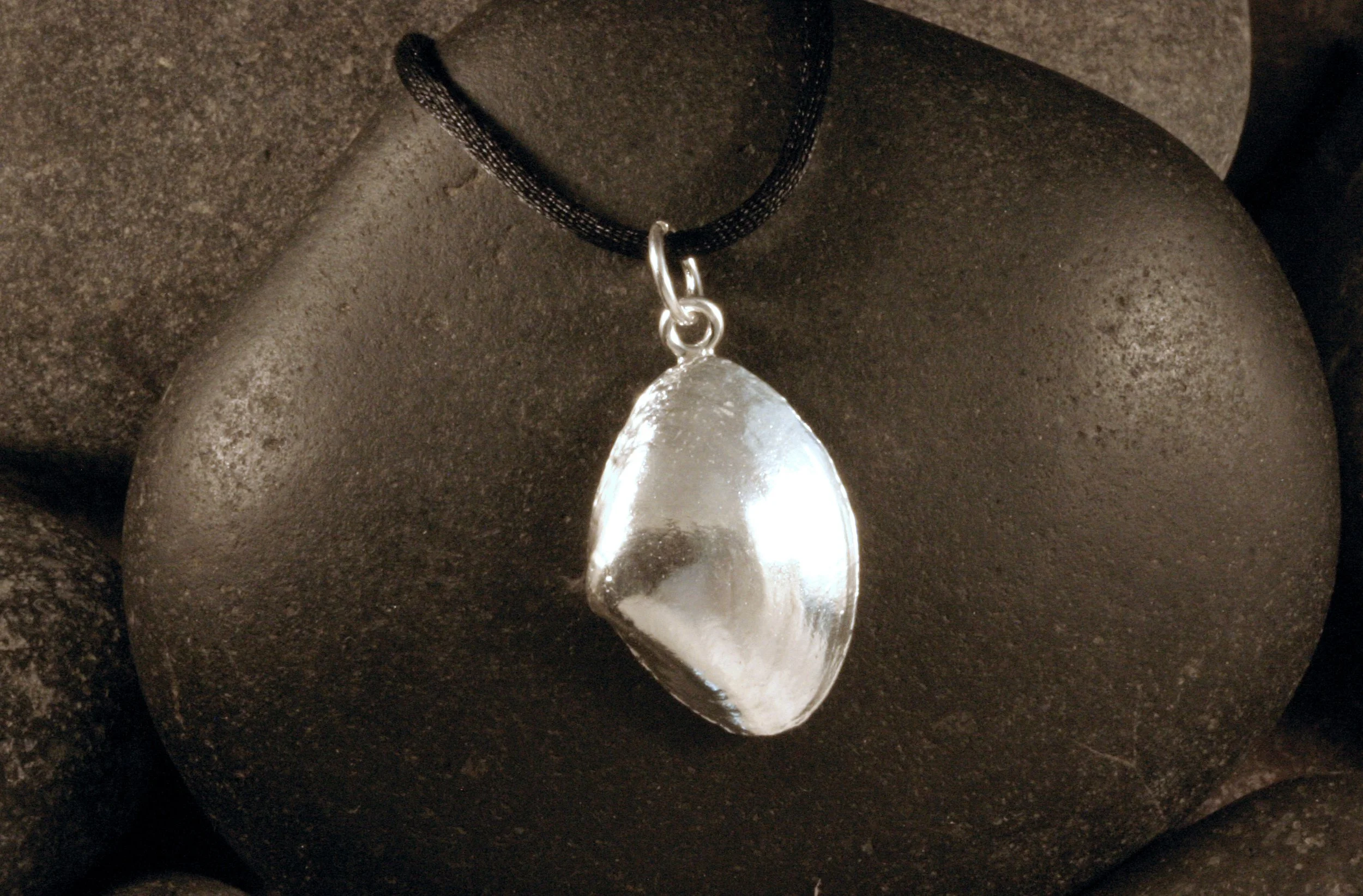 A shiny sterling silver medium sized surf clam shell charm.